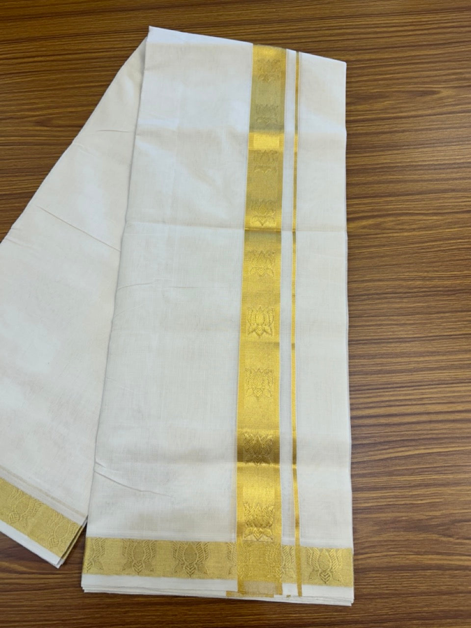 25% Discount ! Kaitharikada Handloom Unakkupaav Balaramapuram - 100% PURE Cotton OFF WHITE - (Unbleached) Double Mundu/Dhoti - 100x80 - 1.75 inch Gold Kasavu Lotus Jacquard Design Kara 4 mtr (8.5 Muzham) - 5 KK5289 ABH