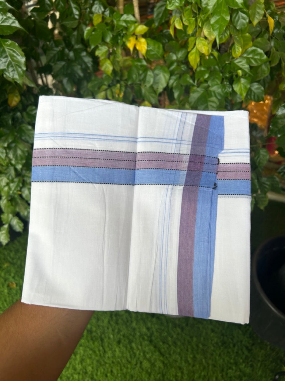 20% Discount ! Kaitharikada Balaramapuram 100% Cotton Pure White Double Mundu/Dothi - 100x80 - 1.5 inch Black Blue & Maroon Shaded Striped Kara 4 mtr (8.5 muzham) - 44 KK5255 VAS