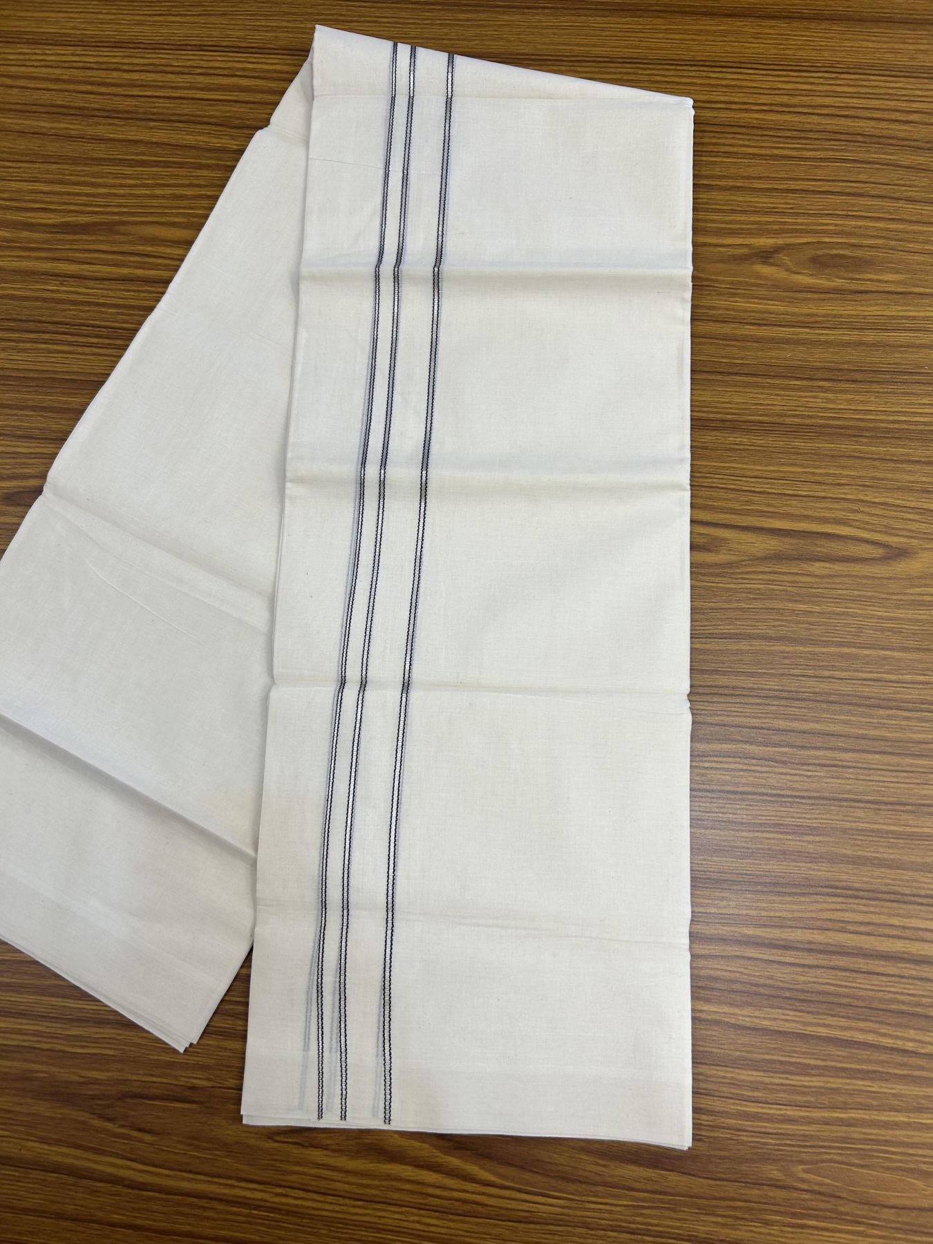 20% Discount!! KaithariKada Balaramapuram Pure Cotton Double Off White - (Unbleached) - Mundu/Dhoti - 100x80 - 1.25 inch Puliyilakkara Silver Kasav & Navy Blue Stripes One Side Chutty Kara 4 mtr (8.5 muzham) - 44 KK5357 VAS