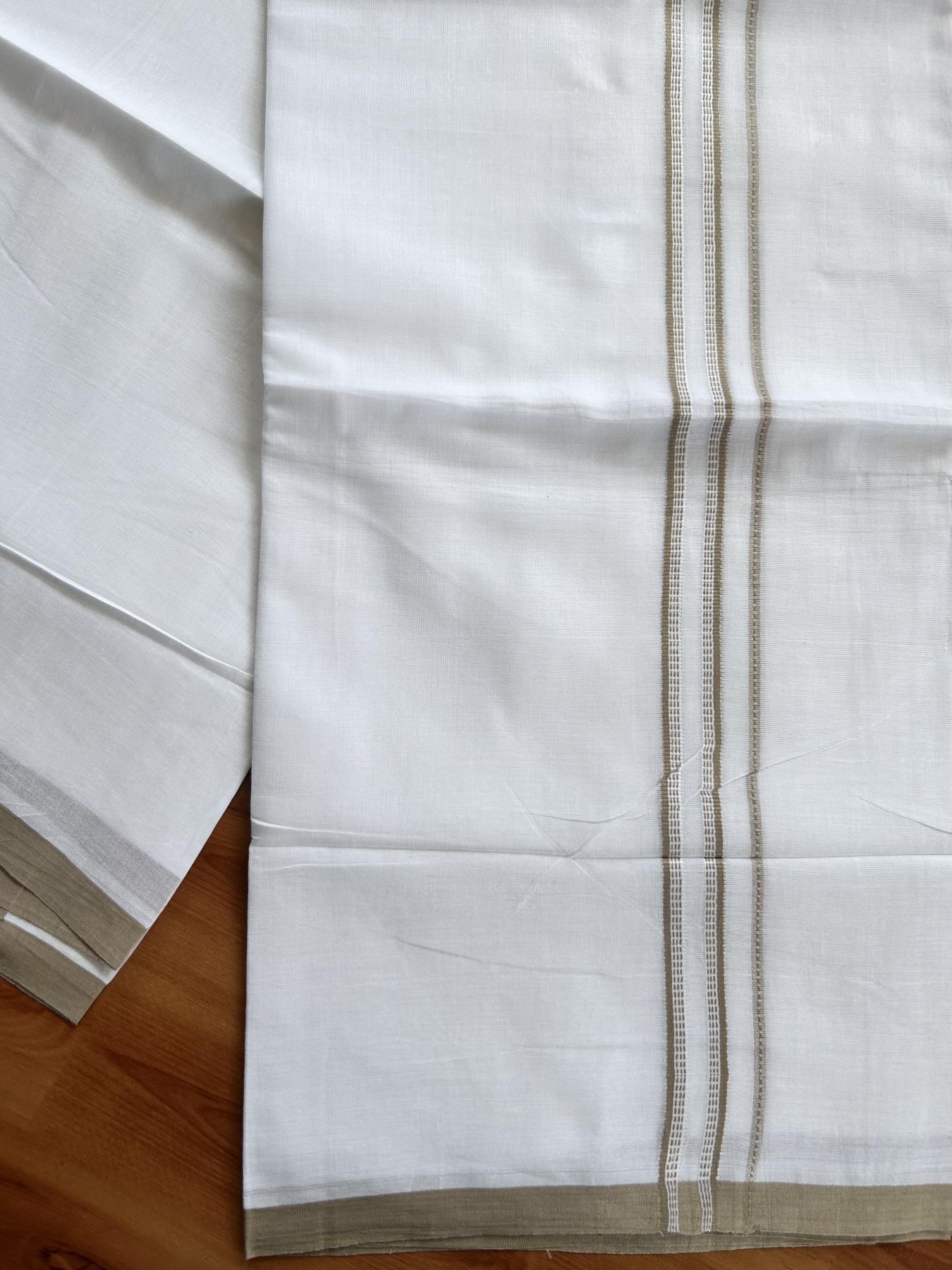Double Pure White Mundu/Dothi - 20% Discount ! Kaitharikada Balaramapuram Cotton - 60s - 0.75 Inch Dark Beige Striped Kara 3.90 mtr (8 muzham) - 19 KK5437 VAS