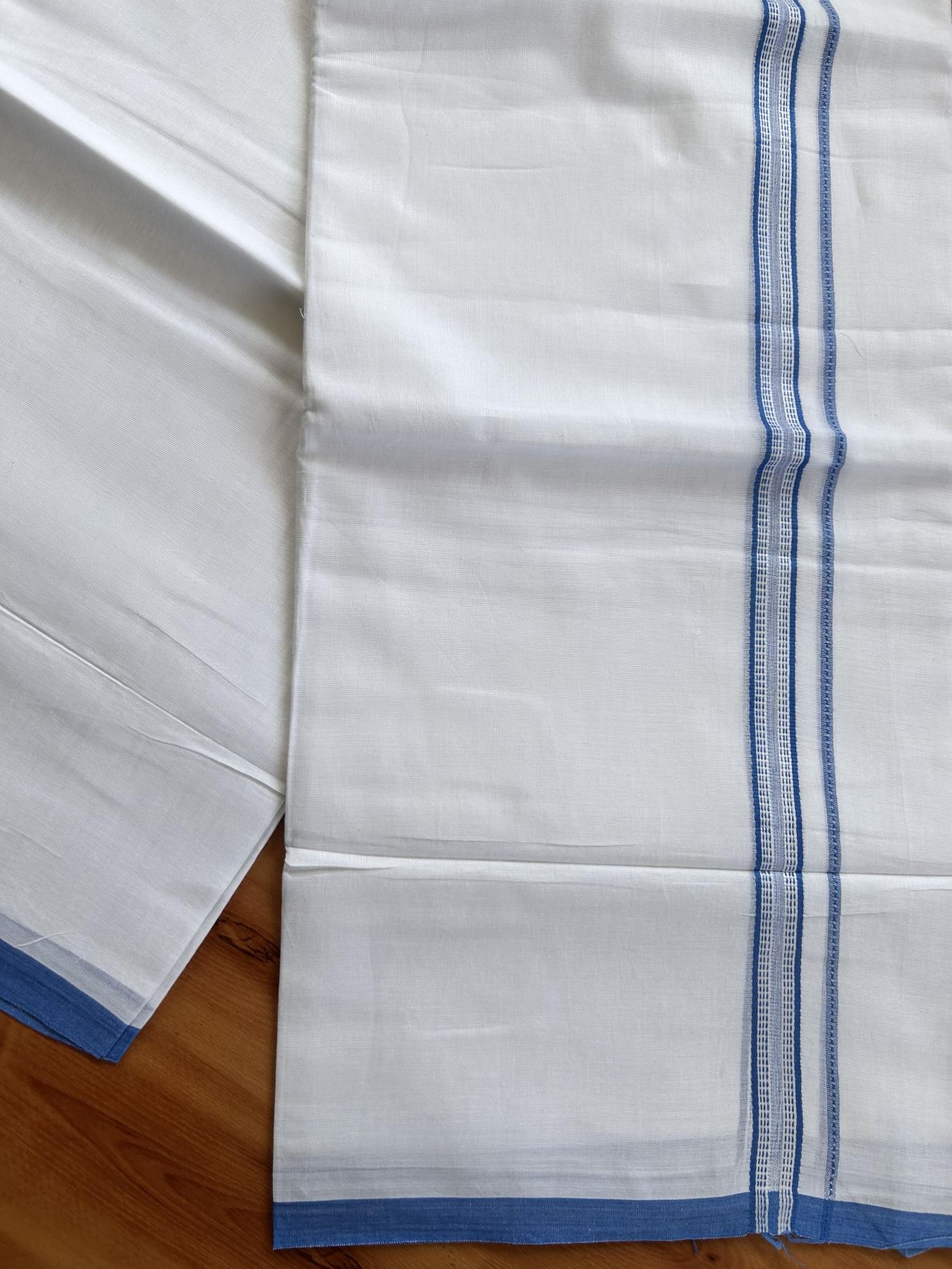 Double Pure White Mundu/Dothi - 20% Discount ! Kaitharikada Balaramapuram Cotton - 60s - 0.75 Inch Blue Striped Kara 3.90 mtr (8 muzham) - 16 KK5437 VAS
