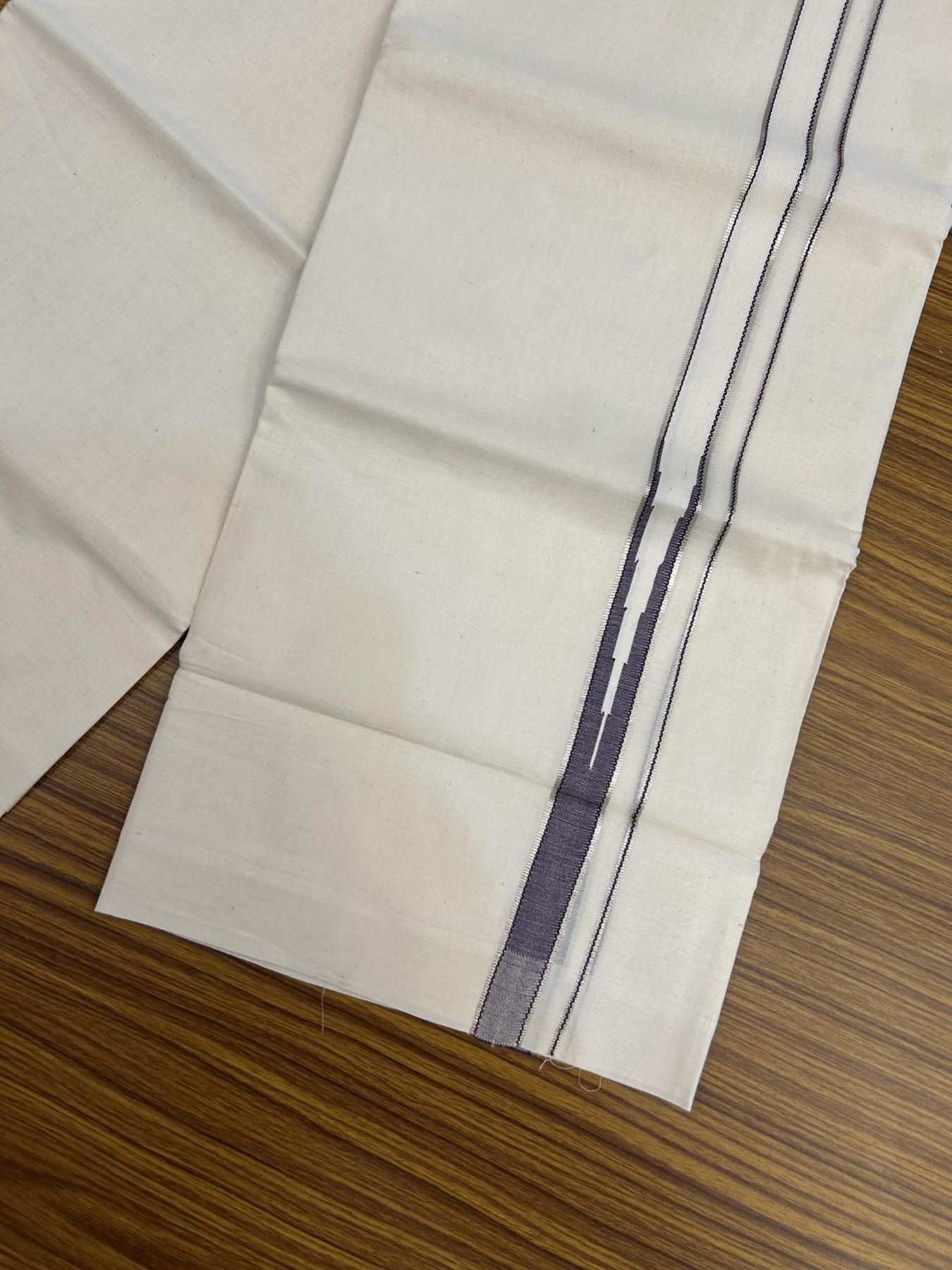 20% Discount!! KaithariKada Balaramapuram Pure Cotton Double Off White - (Unbleached) - Mundu/Dhoti - 100x80 - 1 inch Puliyilakkara Silver Kasav & Violet Stripes One Side Chutty Kara 4 mtr (8.5 muzham) - 42 KK5357 VAS
