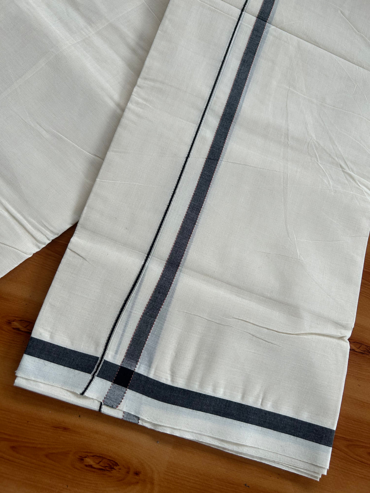 Double Off White (Unbleached) Mundu/Dhoti - 20% Discount!! KaithariKada Pulimood 100% Cotton 100X80- 0.5 inch Puliyilakkara Silver Kasav Black & Brown Chutty Kara - 4 mtr (8.5 muzham) - 2 KK5548 VAS