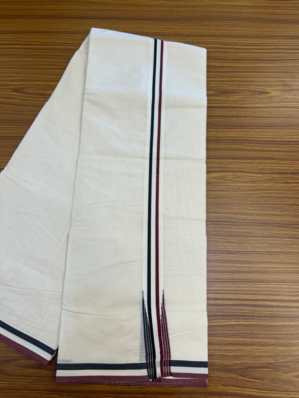 ADMK VESHTI - 20% DISCOUNT! KaithariKada 100% Cotton off white Double - (Unbleached) Mundu/Dhoti - 100X100 - 1.25 inch Black White & Maroon Striped Wings Chutty kara 4 meter (8.5 Muzham) - 8 KK5290 ASH