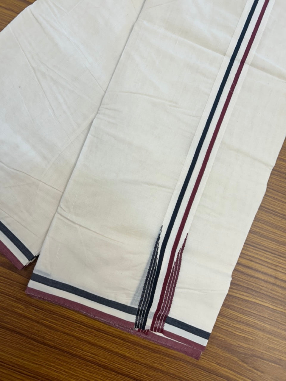 ADMK VESHTI - 20% DISCOUNT! KaithariKada 100% Cotton off white Double - (Unbleached) Mundu/Dhoti - 100X100 - 1.25 inch Black White & Maroon Striped Wings Chutty kara 4 meter (8.5 Muzham) - 8 KK5290 ASH
