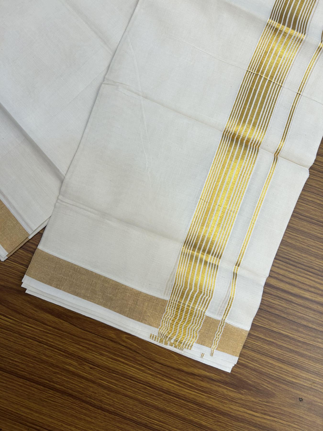 20% Discount! KaithariKada Balaramapuram 100% Cotton Double Off white - (Unbleached) - Mundu/Dhoti - 80s - 1.75 inch Gold Kasav Stripes Kara 4 mtr (8.5 muzham) - 61 KK5357 VAS