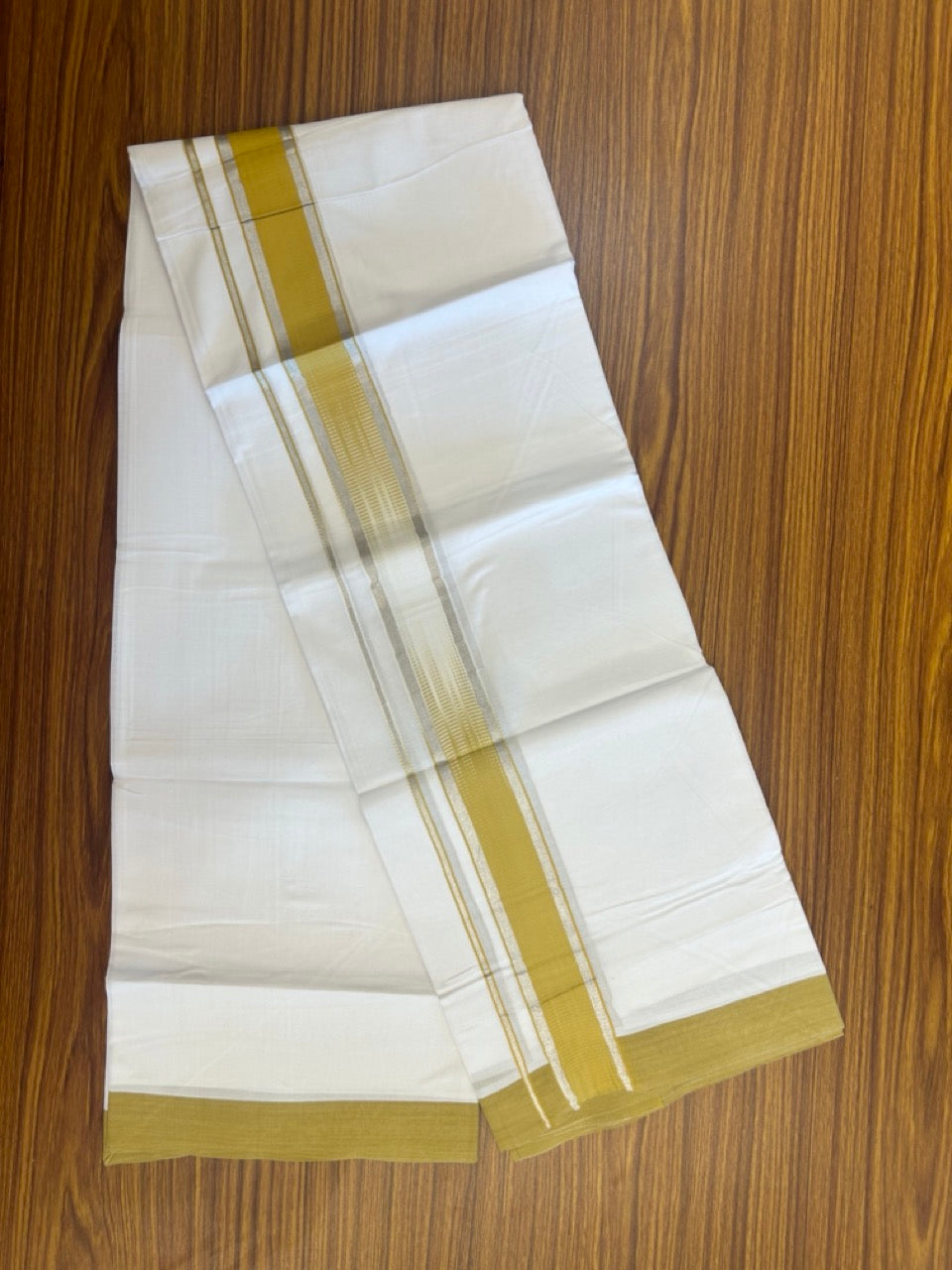 30% Discount!!! KaithariKada Balaramapuram Double PURE WHITE RAINBOW Mundu/Dhoti - 100X80 - 1.75 inch Dark Mustard Yellow Silver Striped Designer Kara - 7KK5154THI