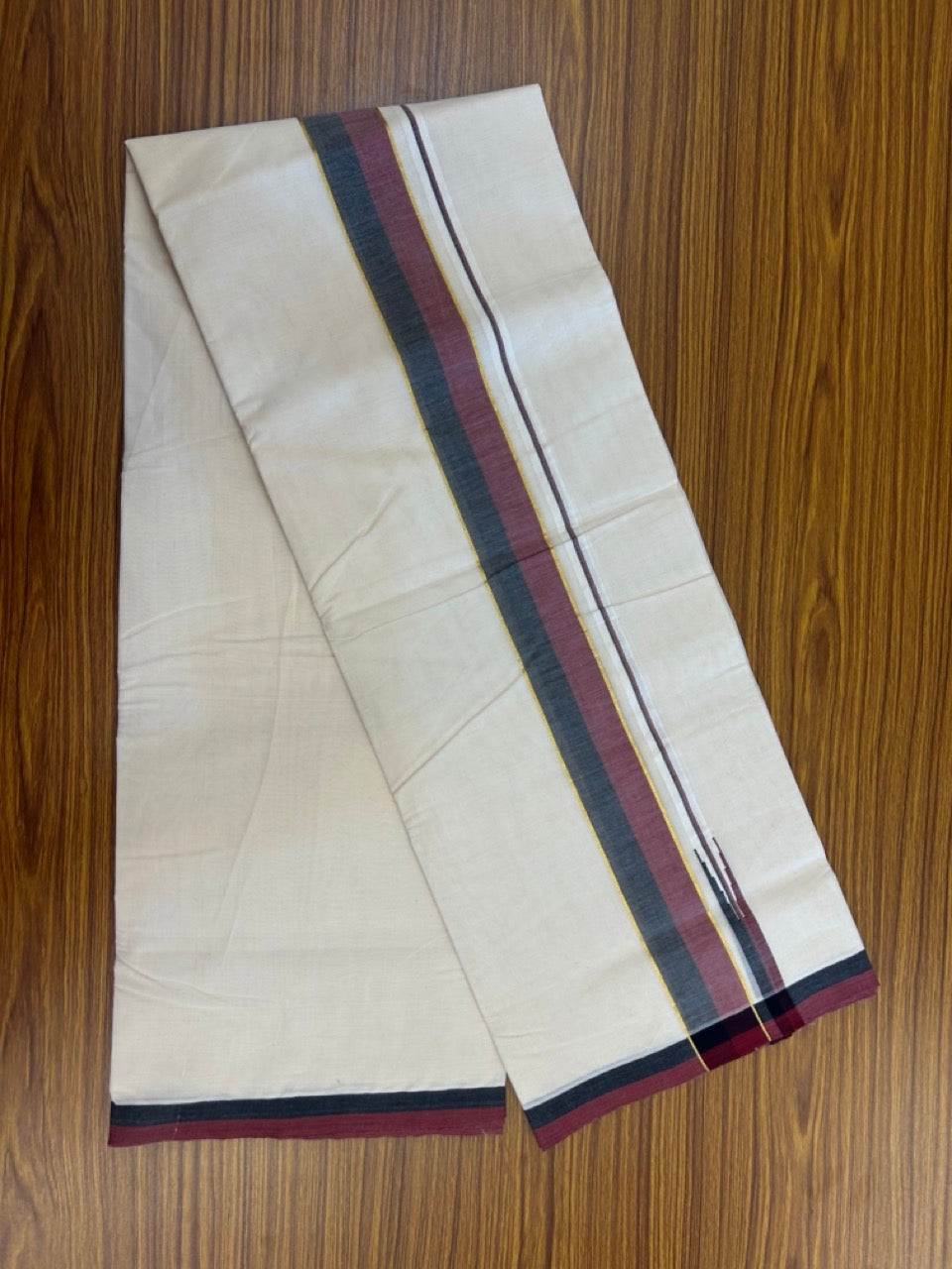 DMK Veshti - 20% Discount !! KaithariKada Balaramapuram Double Off white - (Unbleached) Mundu/Dhoti - 100X100 - 2 inch Puliyilakkara Kasavu Maroon & Black Chutty Kara - 9 KK5290 ASH