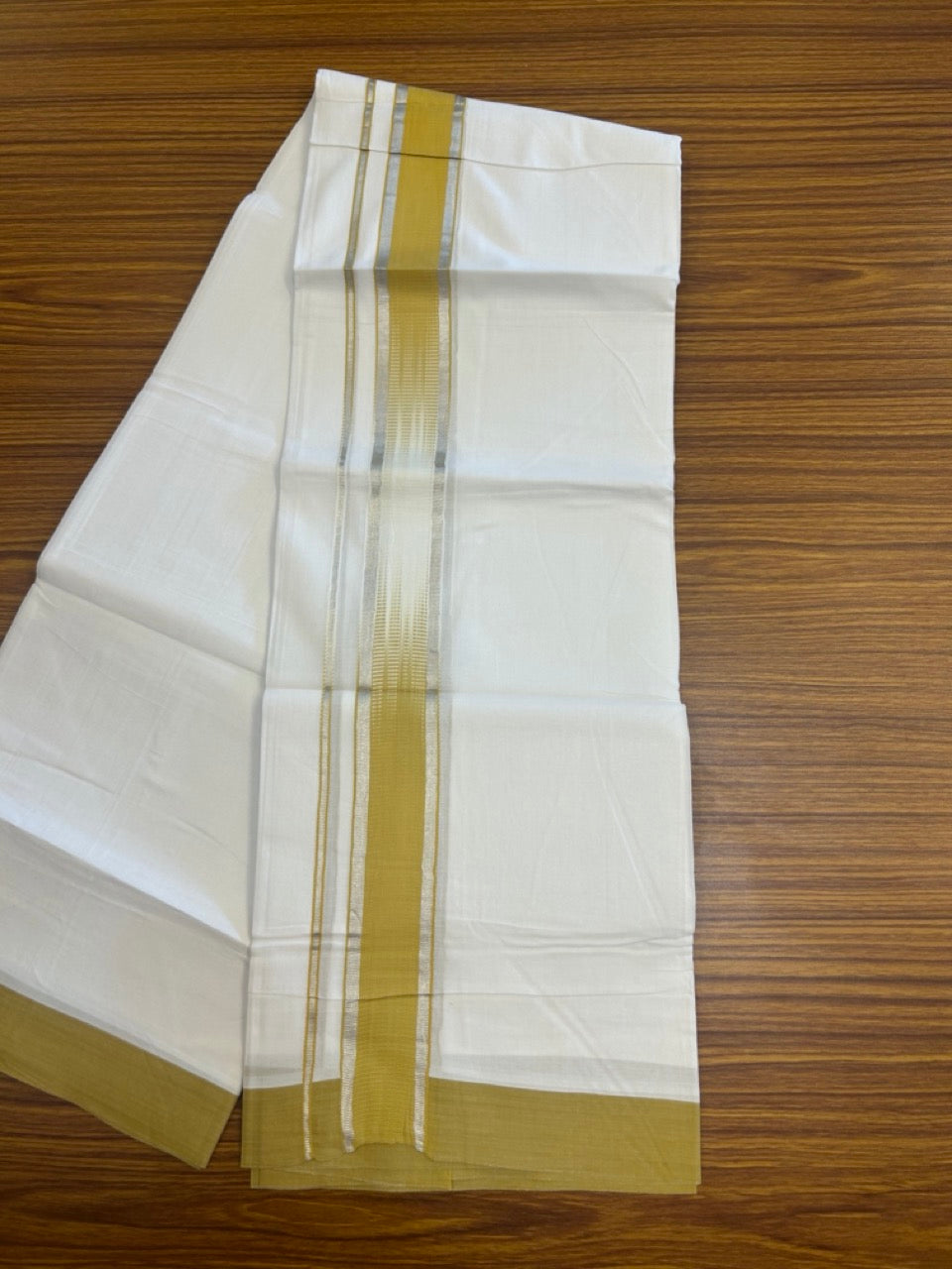 30% Discount!!! KaithariKada Balaramapuram Double PURE WHITE RAINBOW Mundu/Dhoti - 100X80 - 1.75 inch Dark Mustard Yellow Silver Striped Designer Kara - 7KK5154THI