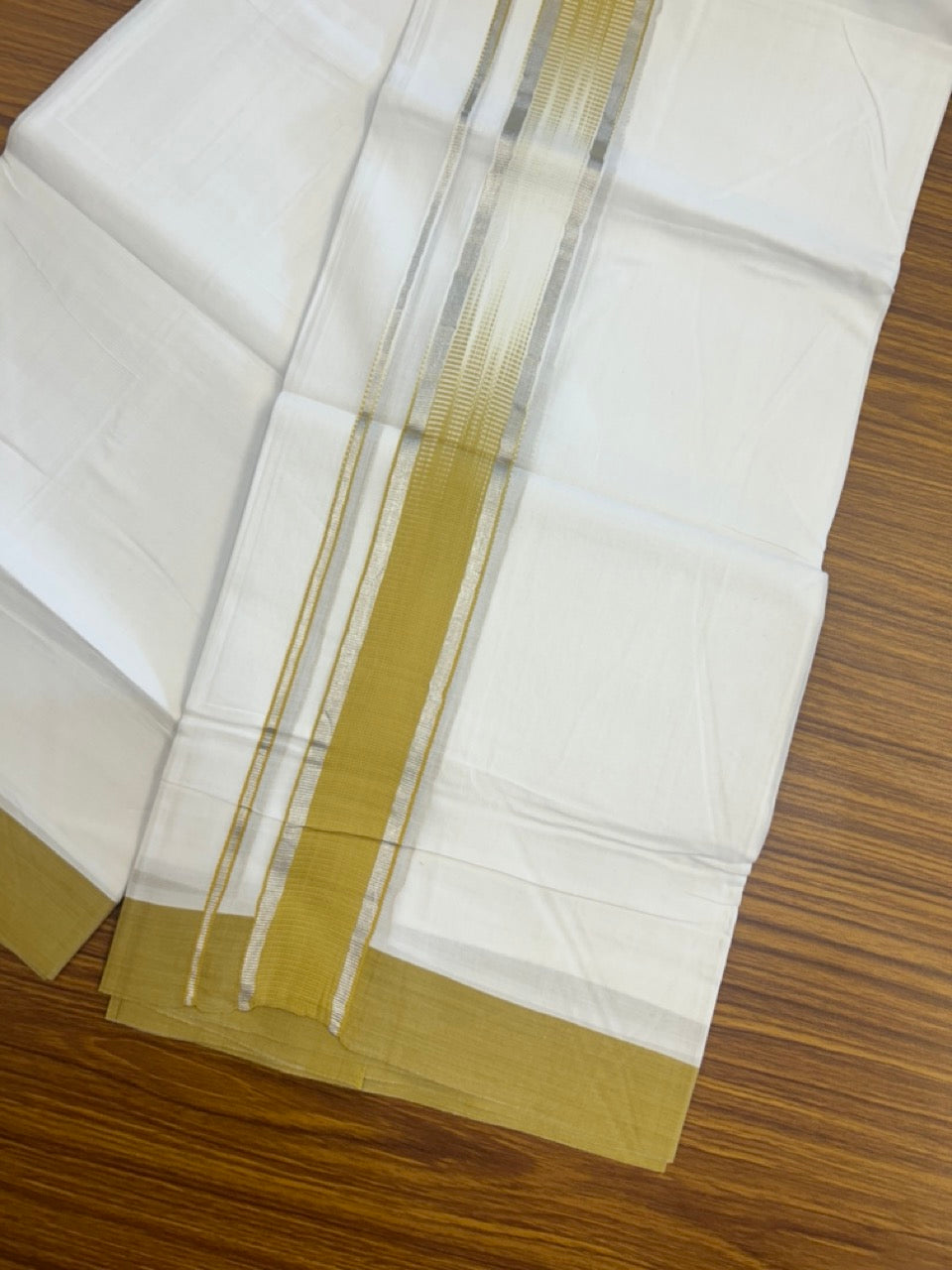 30% Discount!!! KaithariKada Balaramapuram Double PURE WHITE RAINBOW Mundu/Dhoti - 100X80 - 1.75 inch Dark Mustard Yellow Silver Striped Designer Kara - 7KK5154THI