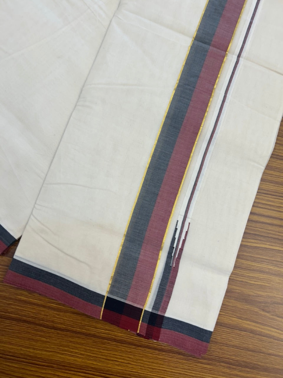 DMK Veshti - 20% Discount !! KaithariKada Balaramapuram Double Off white - (Unbleached) Mundu/Dhoti - 100X100 - 2 inch Puliyilakkara Kasavu Maroon & Black Chutty Kara - 9 KK5290 ASH