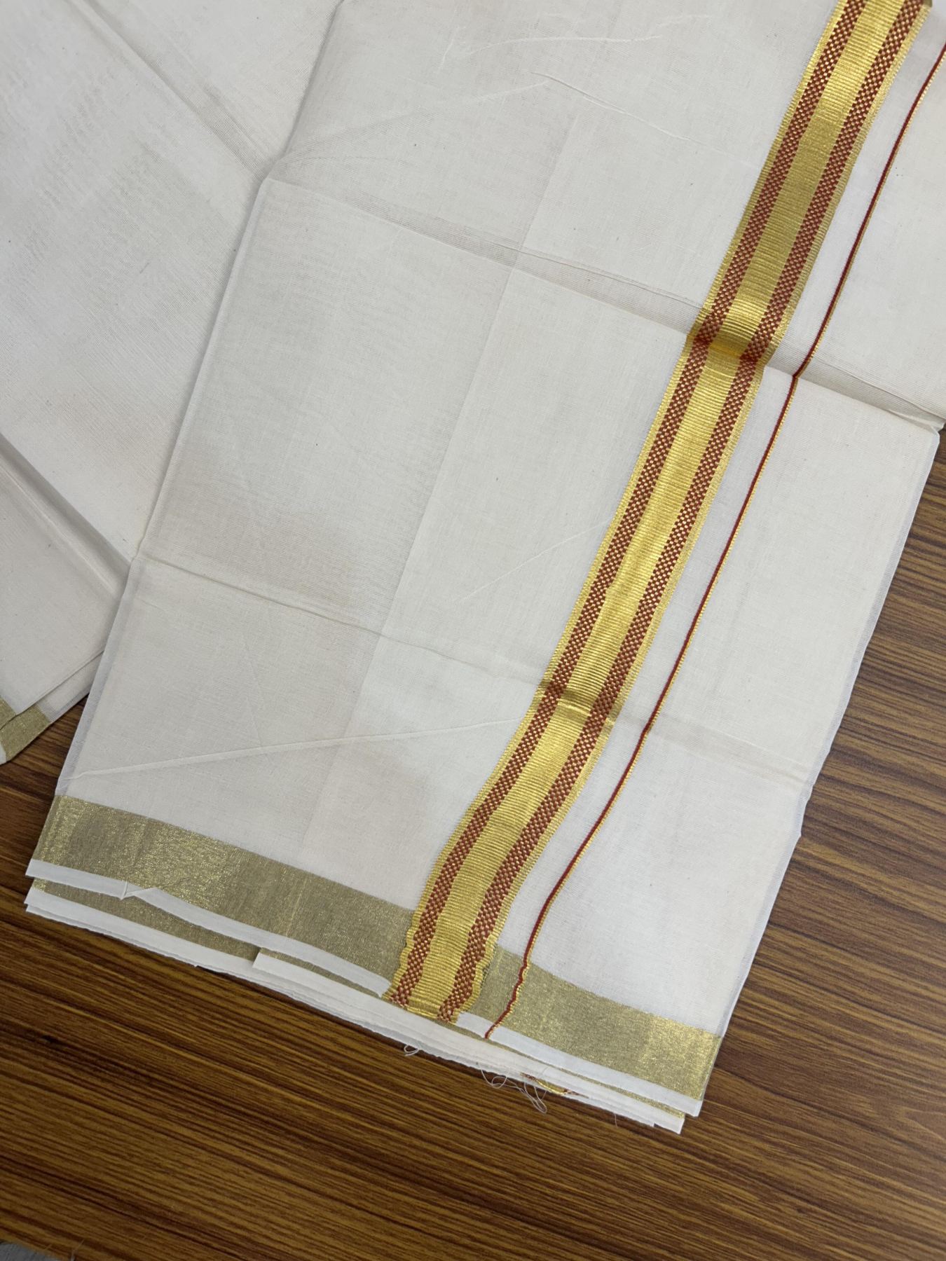 20% Discount! KaithariKada Balaramapuram 100% Cotton Double Off white - (Unbleached) - Mundu/Dhoti - 100x100 - 1 inch Gold Kasav & Red Jacquard Design Kara 4 mtr (8.5 muzham) - 70 KK5357 VAS