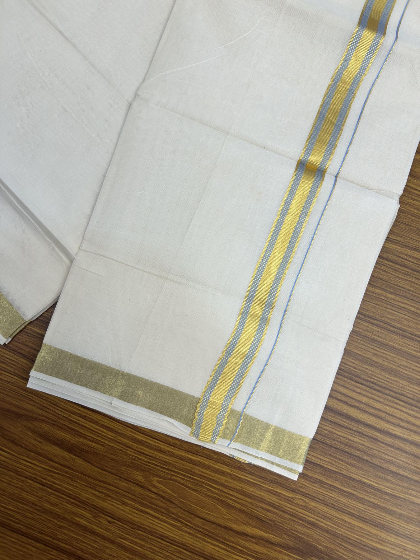 20% Discount! KaithariKada Balaramapuram 100% Cotton Double Off white - (Unbleached) - Mundu/Dhoti - 100x100 - 1 inch Gold Kasav & Sky Blue Jacquard Design Kara 4 mtr (8.5 muzham) - 63 KK5357 VAS
