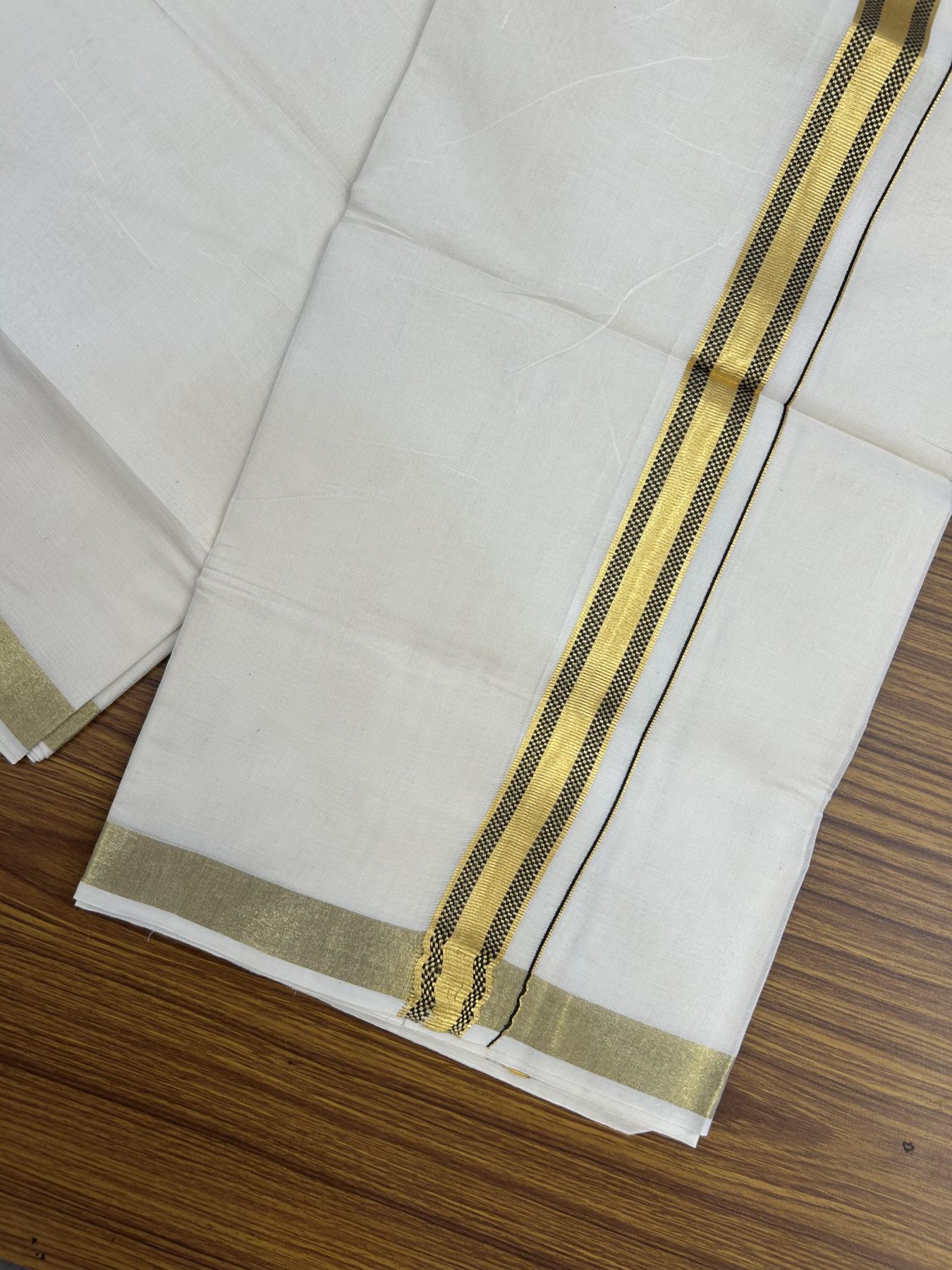 20% Discount! KaithariKada Balaramapuram 100% Cotton Double Off white - (Unbleached) - Mundu/Dhoti - 100x100 - 1 inch Gold Kasav & Dark Chocolate Brown Jacquard Design Kara 4 mtr (8.5 muzham) - 68 KK5357 VAS