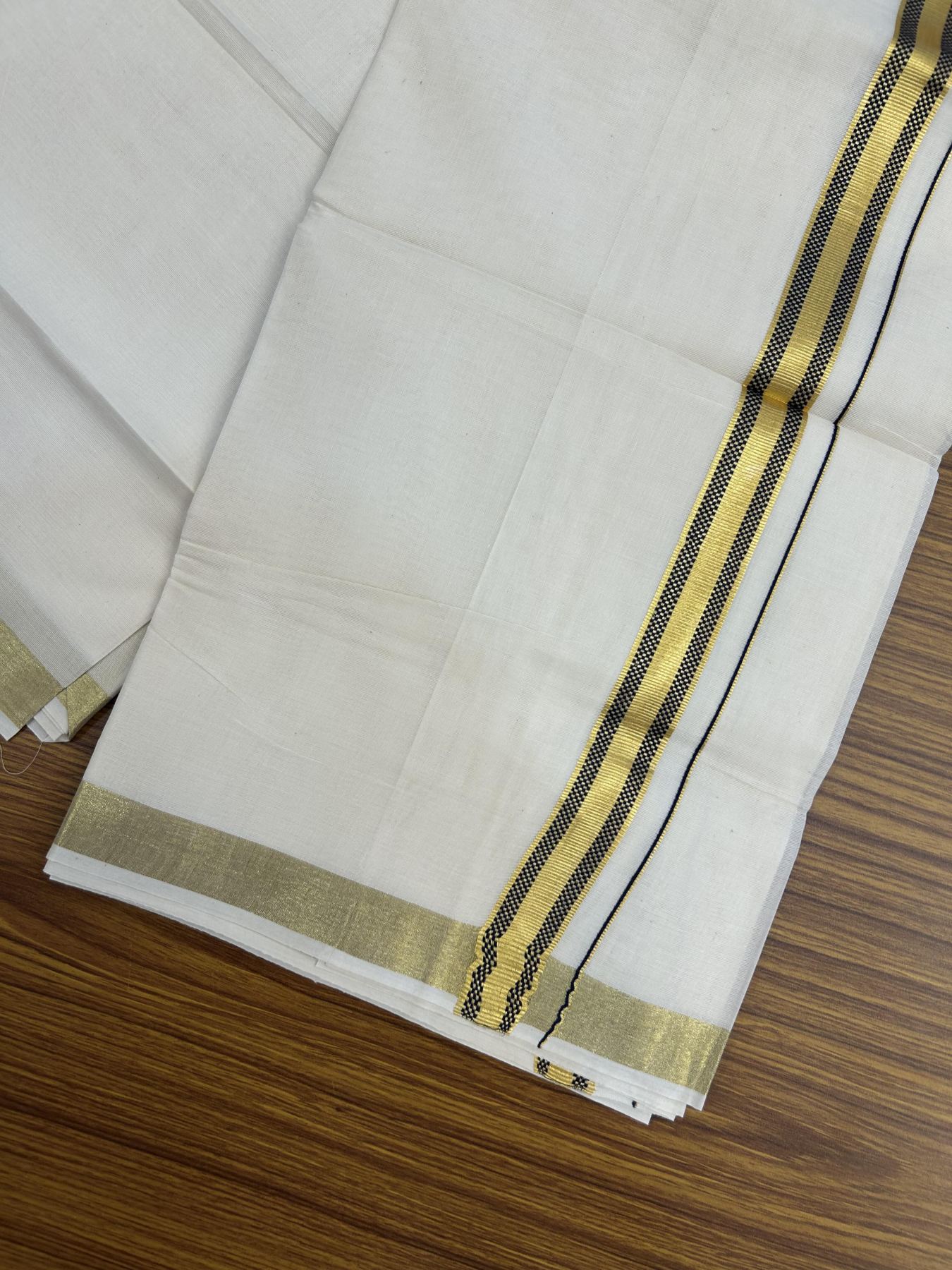 20% Discount! KaithariKada Balaramapuram 100% Cotton Double Off white - (Unbleached) - Mundu/Dhoti - 100x100 - 1 inch Gold Kasav & Dark Navy Blue Jacquard Design Kara 4 mtr (8.5 muzham) - 67 KK5357 VAS