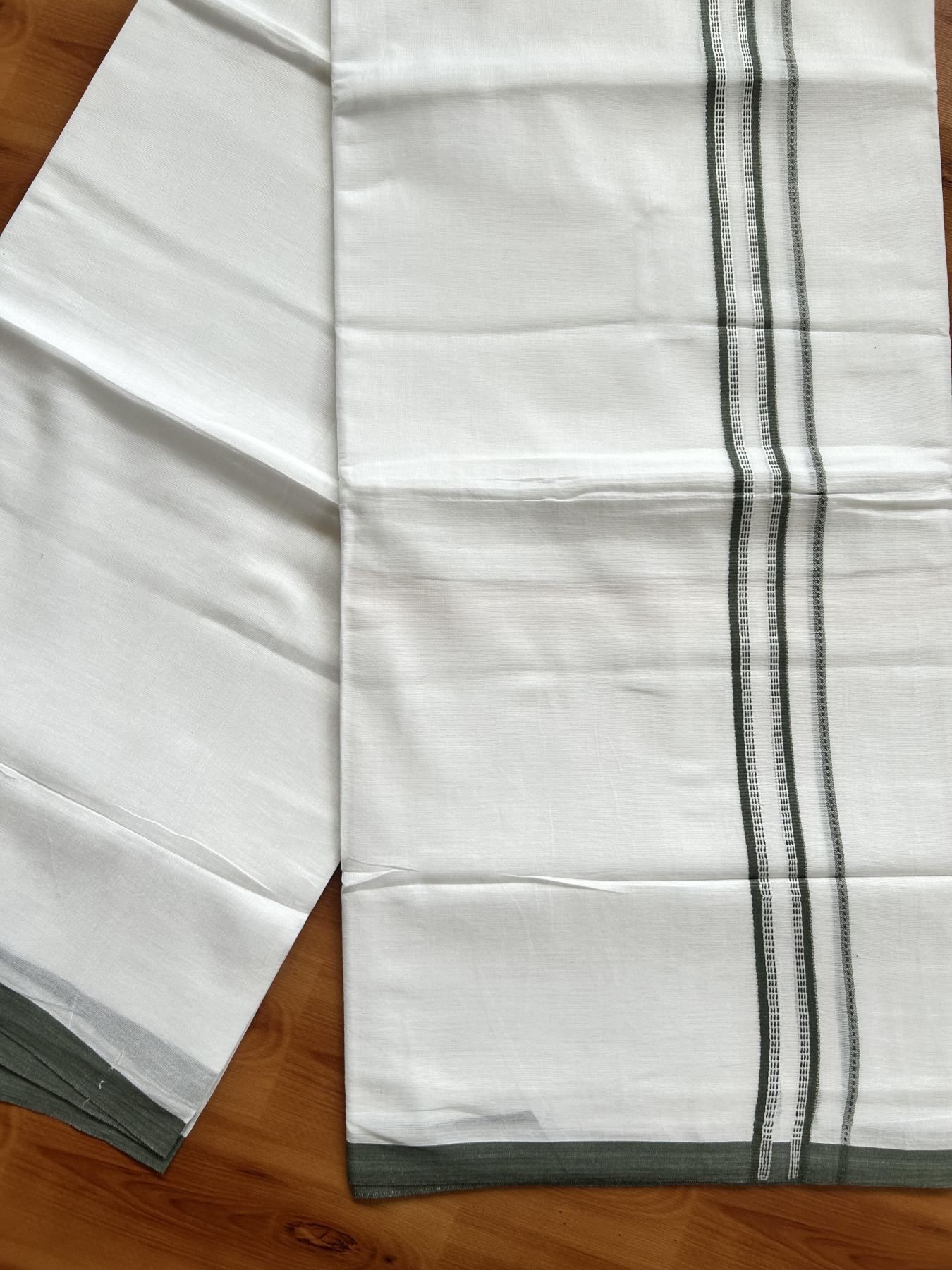 Double Pure White Mundu/Dothi - 20% Discount ! Kaitharikada Balaramapuram Cotton - 60s - 0.75 Inch Sage Green Striped Kara 3.90 mtr (8 muzham) - 23 KK5437 VAS