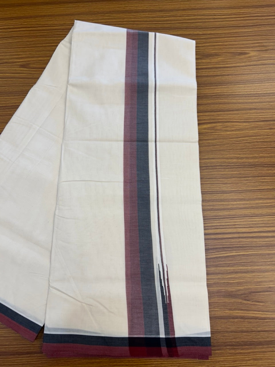 DMK Veshti - 20% DISCOUNT! KaithariKada 100% Cotton off white Double - (Unbleached) Mundu/Dhoti - 100X100 -2 inch Puliyilakkara Black & Maroon Chutty kara - 10 KK5290 ASH