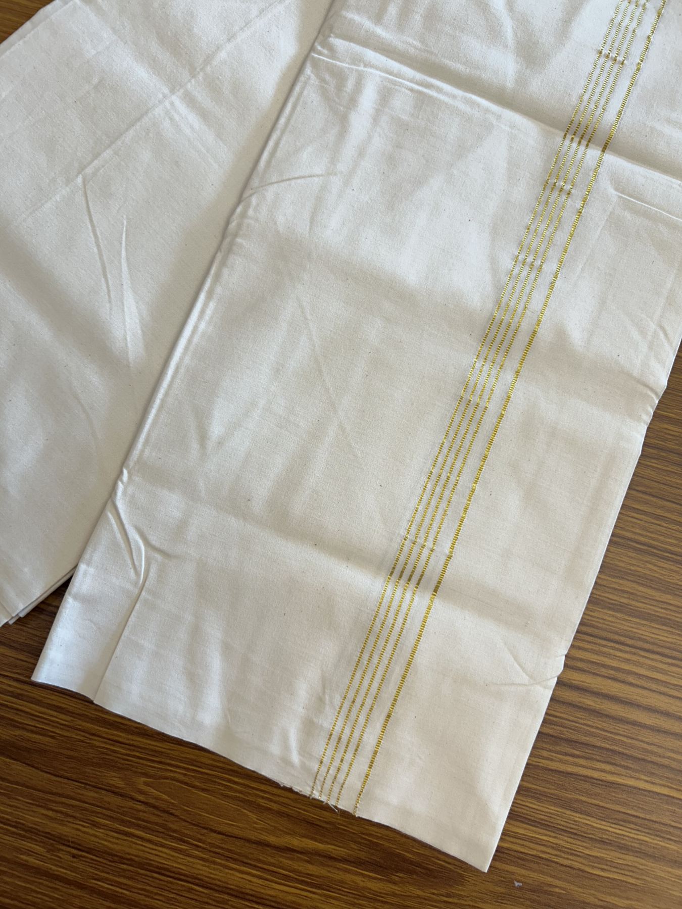 20% Discount! KaithariKada 100% Cotton off white Single - (Unbleached) Mundu/Dhoti Twisted 100s Thread- 0.5 inch Gold Kasav Striped kara - 4 KK5330 ASH