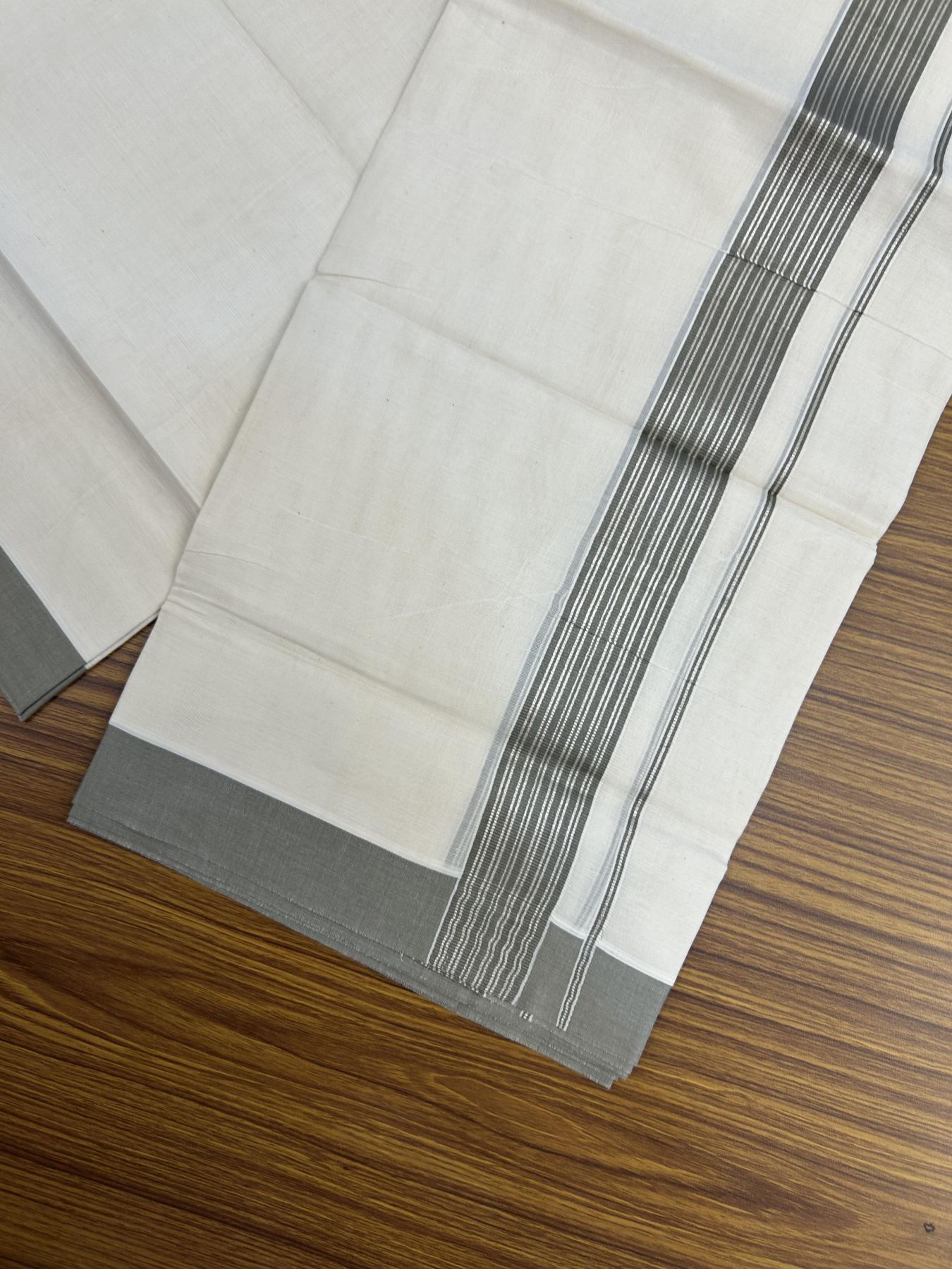 20% Discount! KaithariKada Balaramapuram 100% Cotton Off white Double Mundu/Dhoti - 80s - 1.75 inch Silver Kasav & Ash Grey Striped Kara - 4mtr (8.5muzham) - 17 KK5357 VAS