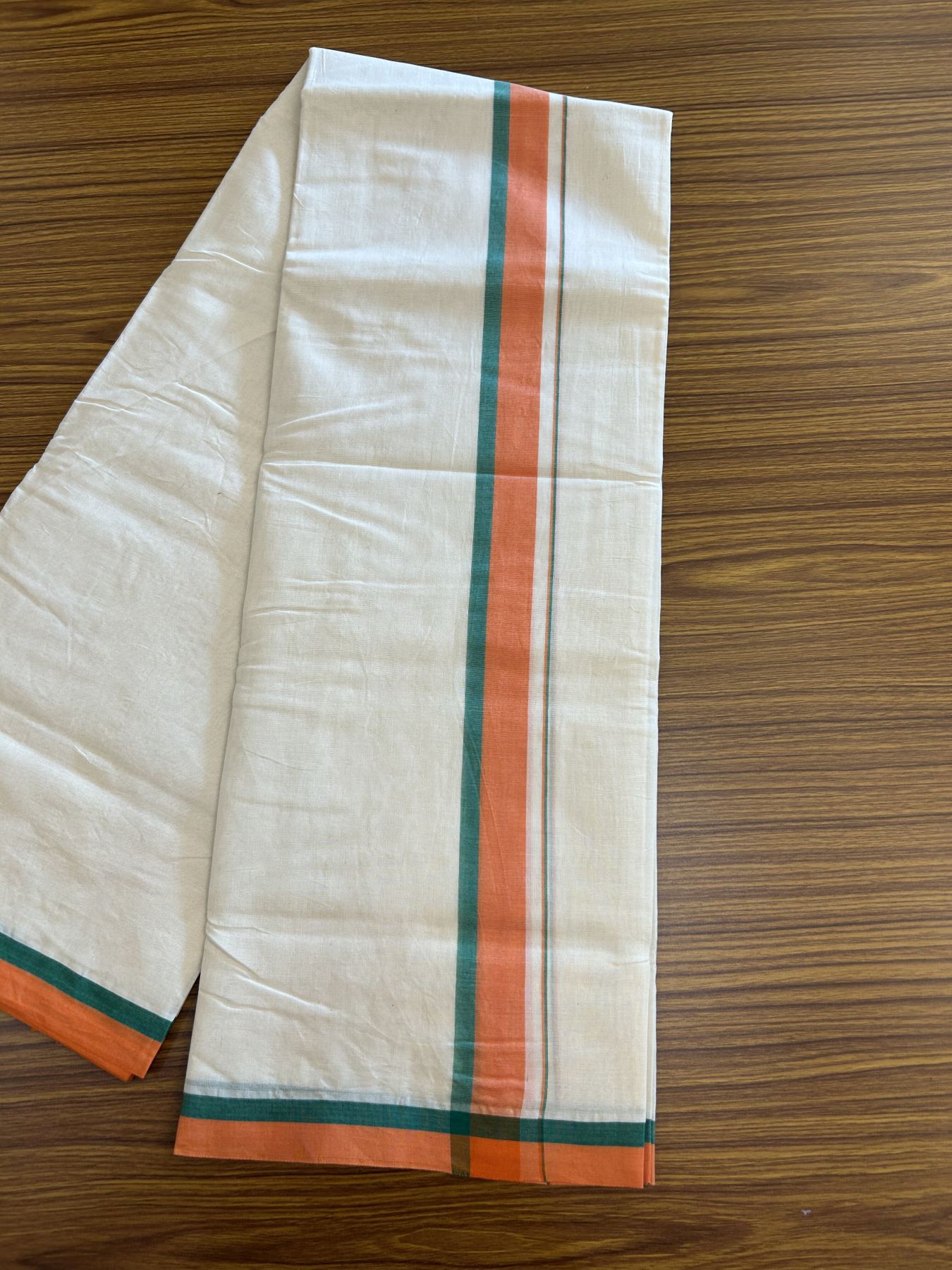 Bjp Veshti - 20% Discount! KaithariKada 100% Cotton Off White Double - (Unbleached) Mundu/Dhoti - 100X100 - 1.5 inch Orange & Green Shaded Kara 3.80 m (8 muzham)- 5 KK5330 ASH