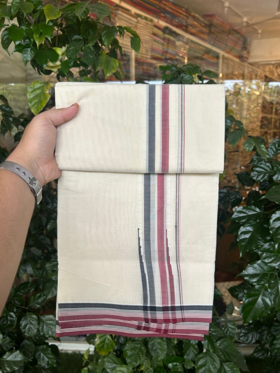 ADMK VESHTI - 20% DISCOUNT! KaithariKada 100% Cotton off white Double - (Unbleached) Mundu/Dhoti - 100X100 - 2 inch Puliyilakkara Black White & Maroon Shaded Chutty kara - 2 KK5290 ASH