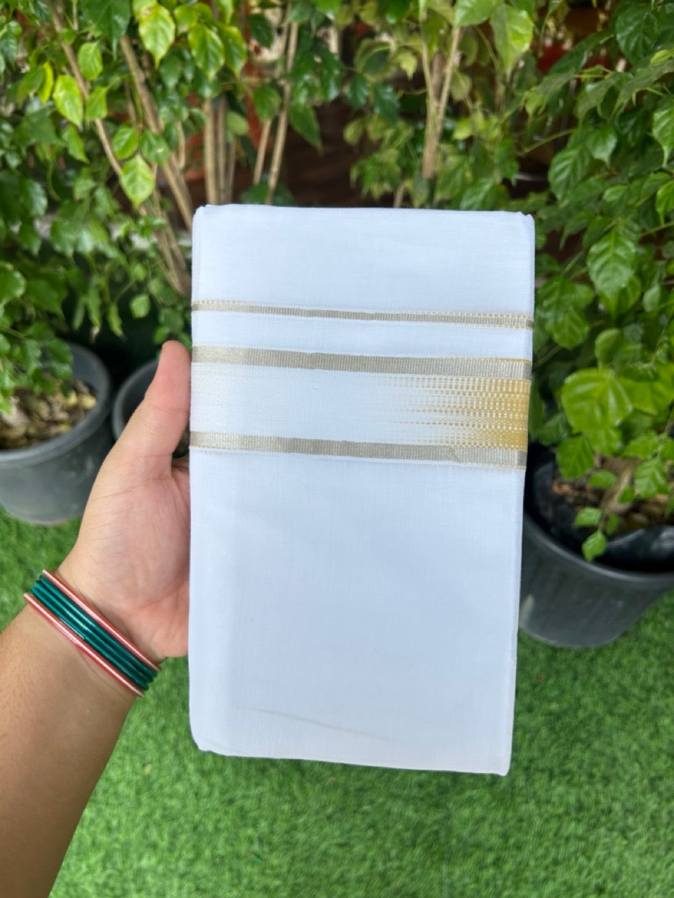 30% Discount!!! KaithariKada Balaramapuram Double PURE WHITE RAINBOW Mundu/Dhoti - 100X80 - 1.75 inch Dark Mustard Yellow Silver Striped Designer Kara - 7KK5154THI