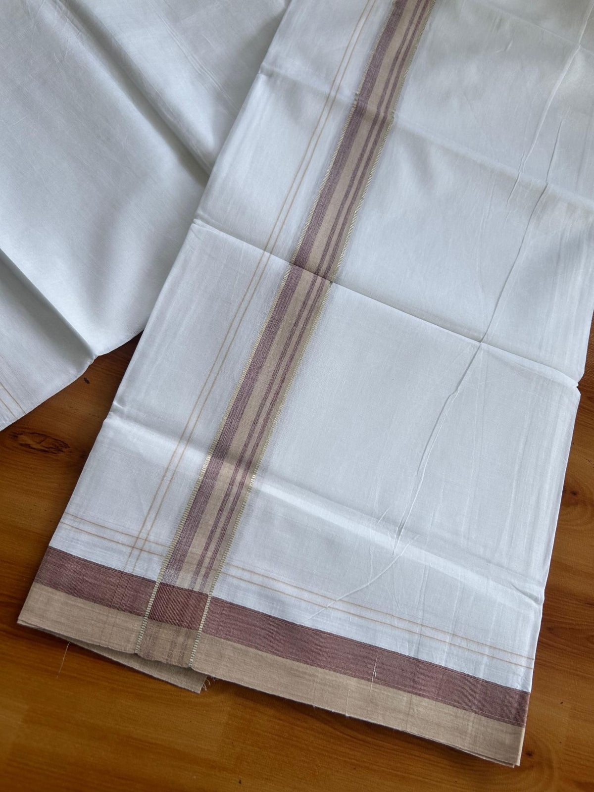 Pure white Double Mundu/Dhoti - 20% Discount !! KaithariKada Pulimood 100% Cotton - 100x80 - 1 inch Brown & Light Brown Silver Kasav Shaded Striped Kara 3.85 mtr (8 muzham) - 4 KK5552 VIN