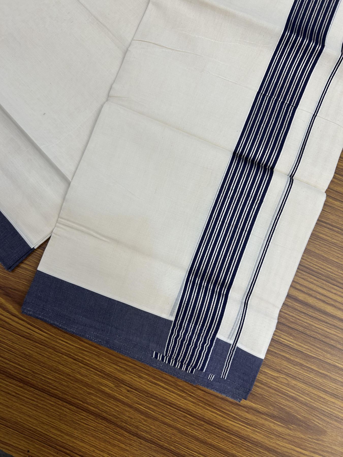 20% Discount! KaithariKada Balaramapuram 100% Cotton Off white Double Mundu/Dhoti - 80s - 1.75 inch Silver Kasav & Navy Blue Striped Kara - 4mtr (8.5muzham) - 21 KK5357 VAS