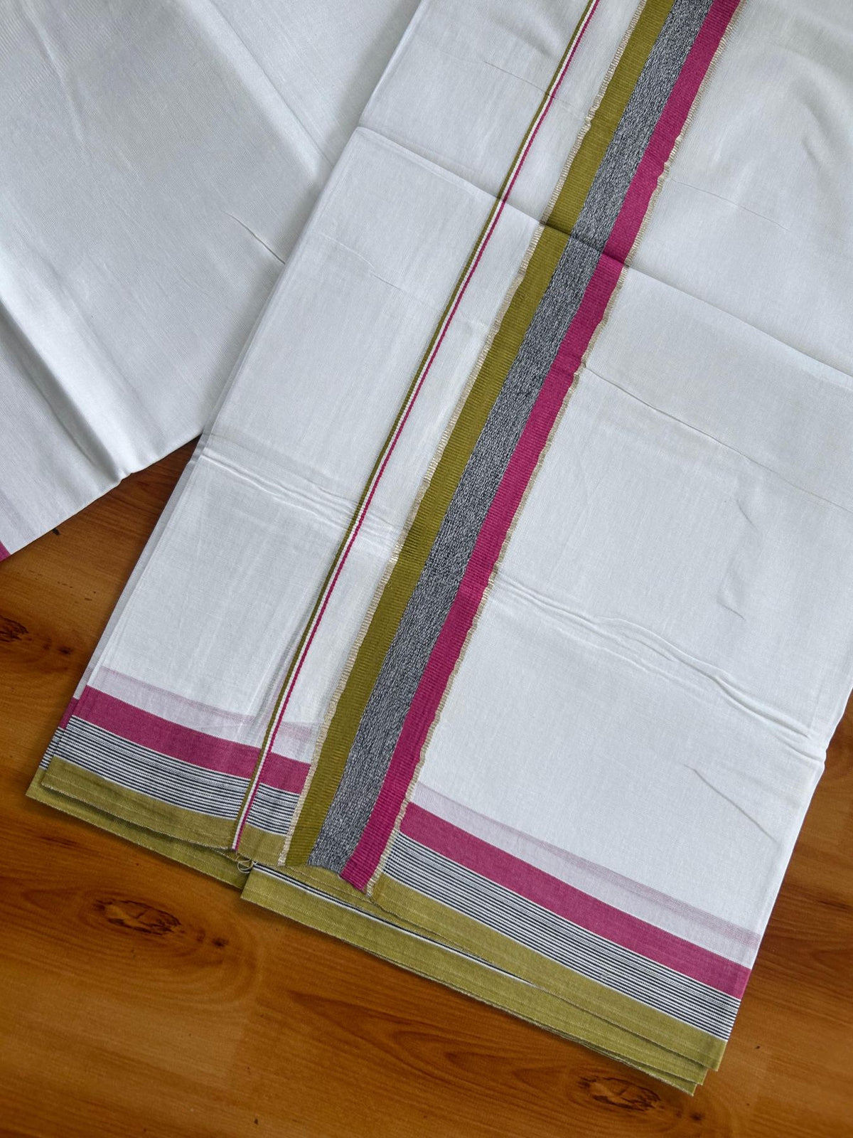 Pure white Double Mundu/Dhoti - 20% Discount !! KaithariKada Pulimood 100% Cotton - 100x80 - 1.5 inch Olive Green, Black & Dark Pink Silver Kasav Shaded Kara 3.85 mtr (8 muzham) - 5 KK5552 VIN