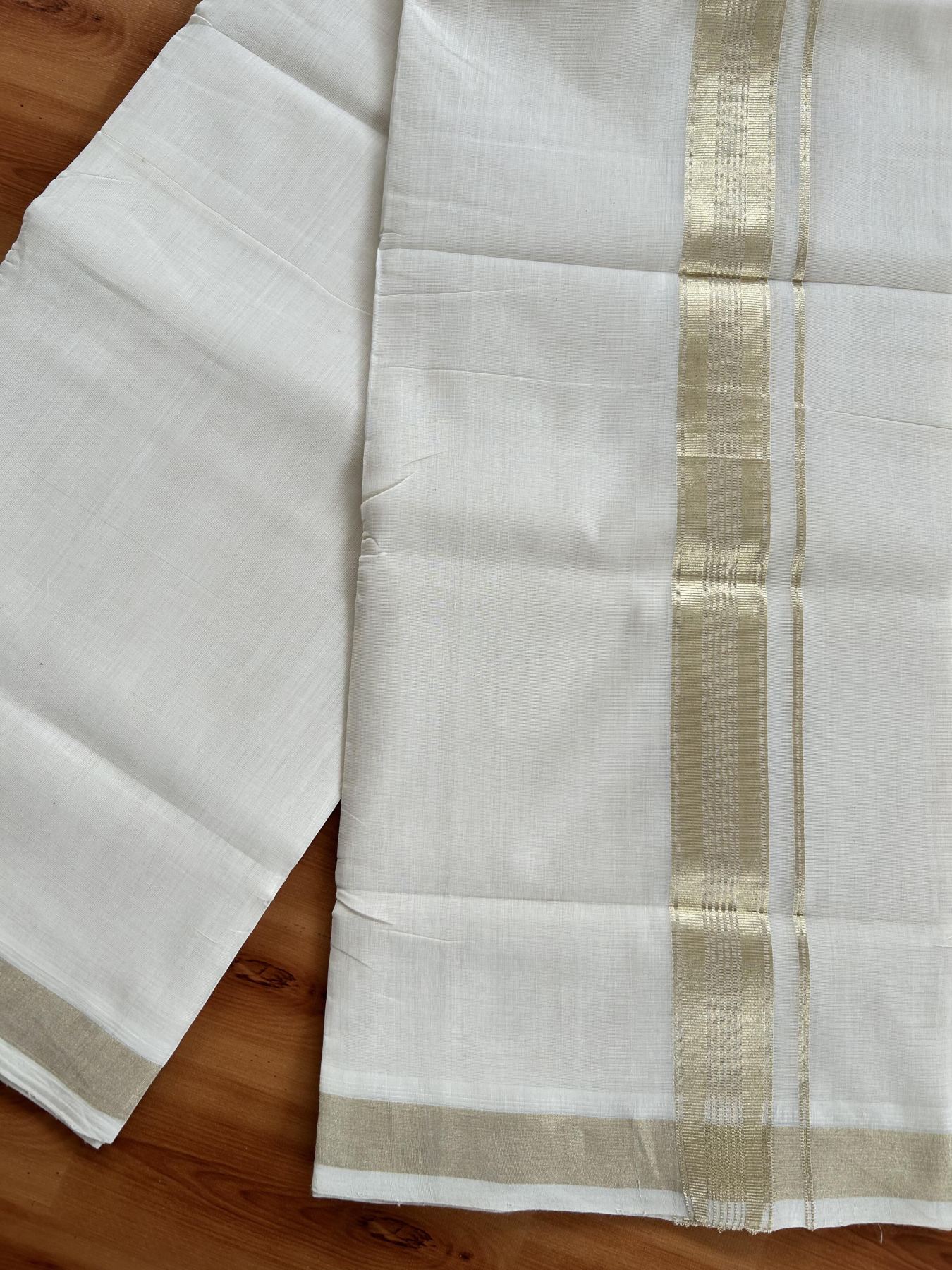 Double Off White (Unbleached) Mundu/Dhoti - 25% Discount!!! KaithariKada Handloom Unakkupaav Kerala Handloom - Pure Cotton 80x90 - 1.5 Inch Light Gold Kasavu Striped kara 4 Mtr (8.5 Muzham) - 2 KK5438 YAR