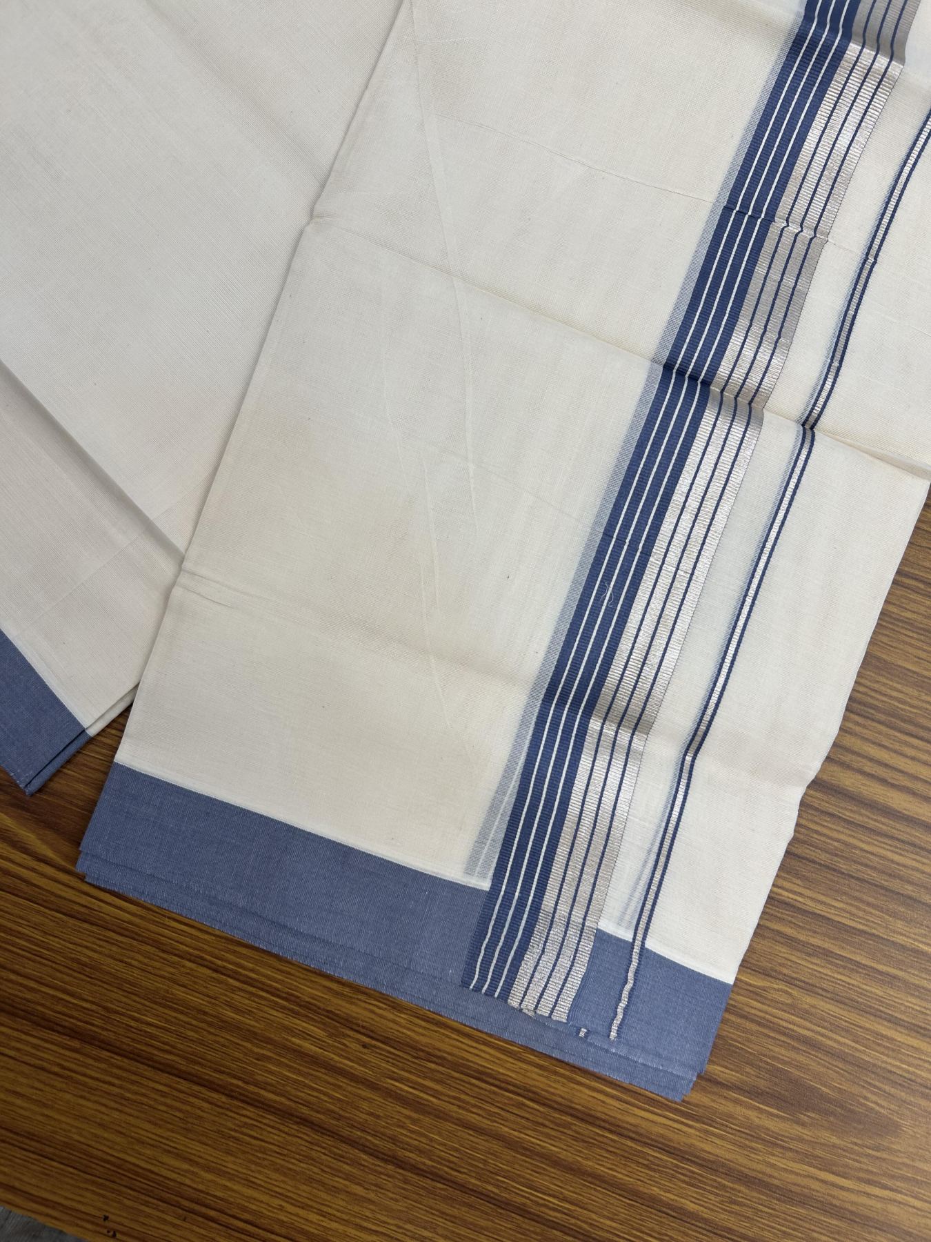 20% Discount! KaithariKada Balaramapuram 100% Cotton Off white Double Mundu/Dhoti - 80s - 1.5 inch Blue Grey & Silver Kasav Striped Kara - 4mtr (8.5muzham) - 1 KK5357 VAS