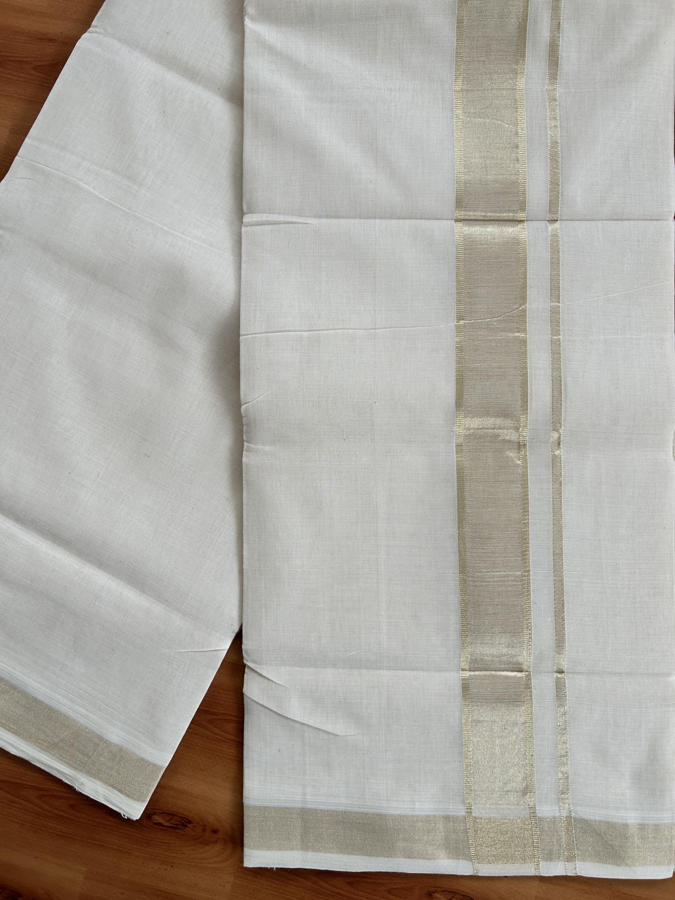 Double Off White (Unbleached) Mundu/Dhoti - 25% Discount!!! KaithariKada Handloom Unakkupaav Kerala Handloom - Pure Cotton 80x90 - 1.5 Inch Light Gold Kasavu kara 4 Mtr (8.5 Muzham) - 8 KK5438 YAR