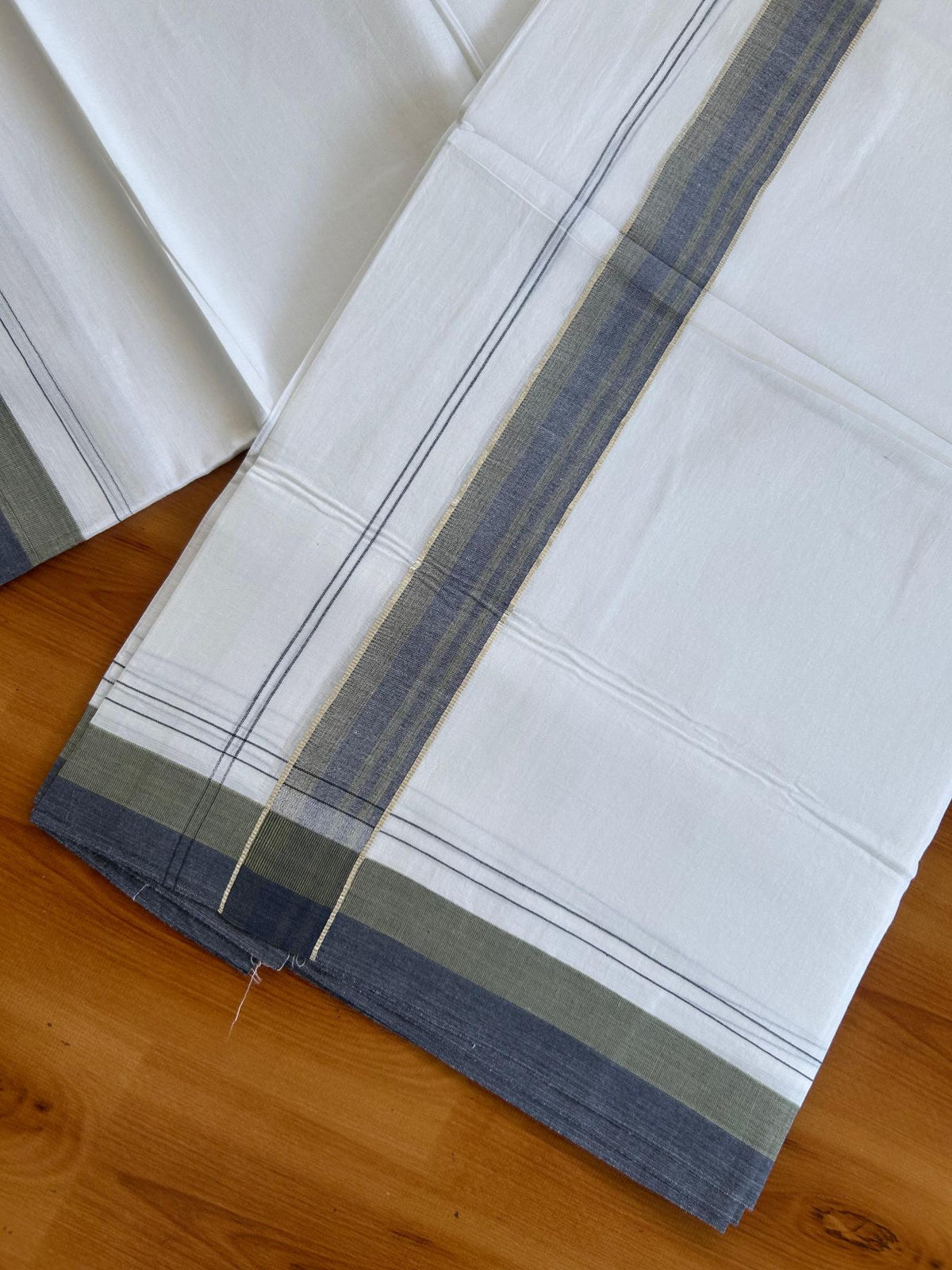 Pure white Double Mundu/Dhoti - 20% Discount !! KaithariKada Pulimood 100% Cotton - 100x80 - 1.25 inch Navy Blue & Moss Green Silver Kasav Shaded Striped Kara 3.85 mtr (8 muzham) - 9 KK5552 VIN