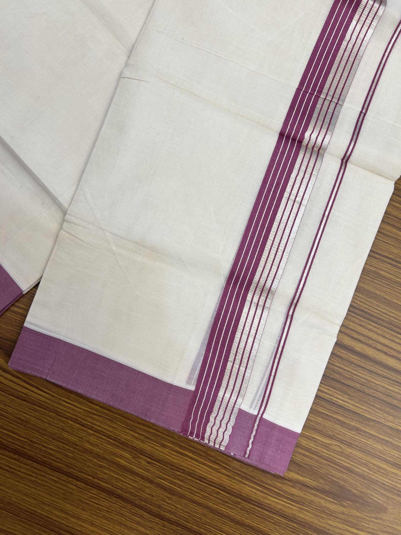 20% Discount! KaithariKada Balaramapuram 100% Cotton Off white Double Mundu/Dhoti - 80s - 1.5 inch Magenta & Silver Kasav Striped Kara - 4mtr (8.5muzham) - 6 KK5357 VAS