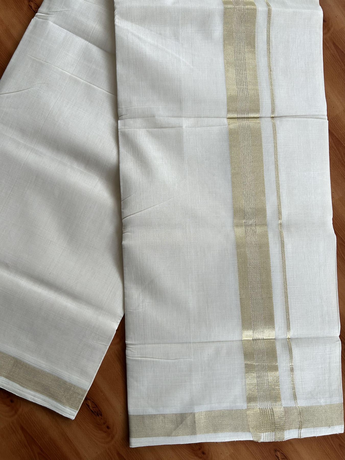 Double Off White (Unbleached) Mundu/Dhoti - 25% Discount!!! KaithariKada Handloom Unakkupaav Kerala Handloom - Pure Cotton 80x90 - 1.5 Inch Light Gold Kasavu Striped kara 4 Mtr (8.5 Muzham) - 3 KK5438 YAR