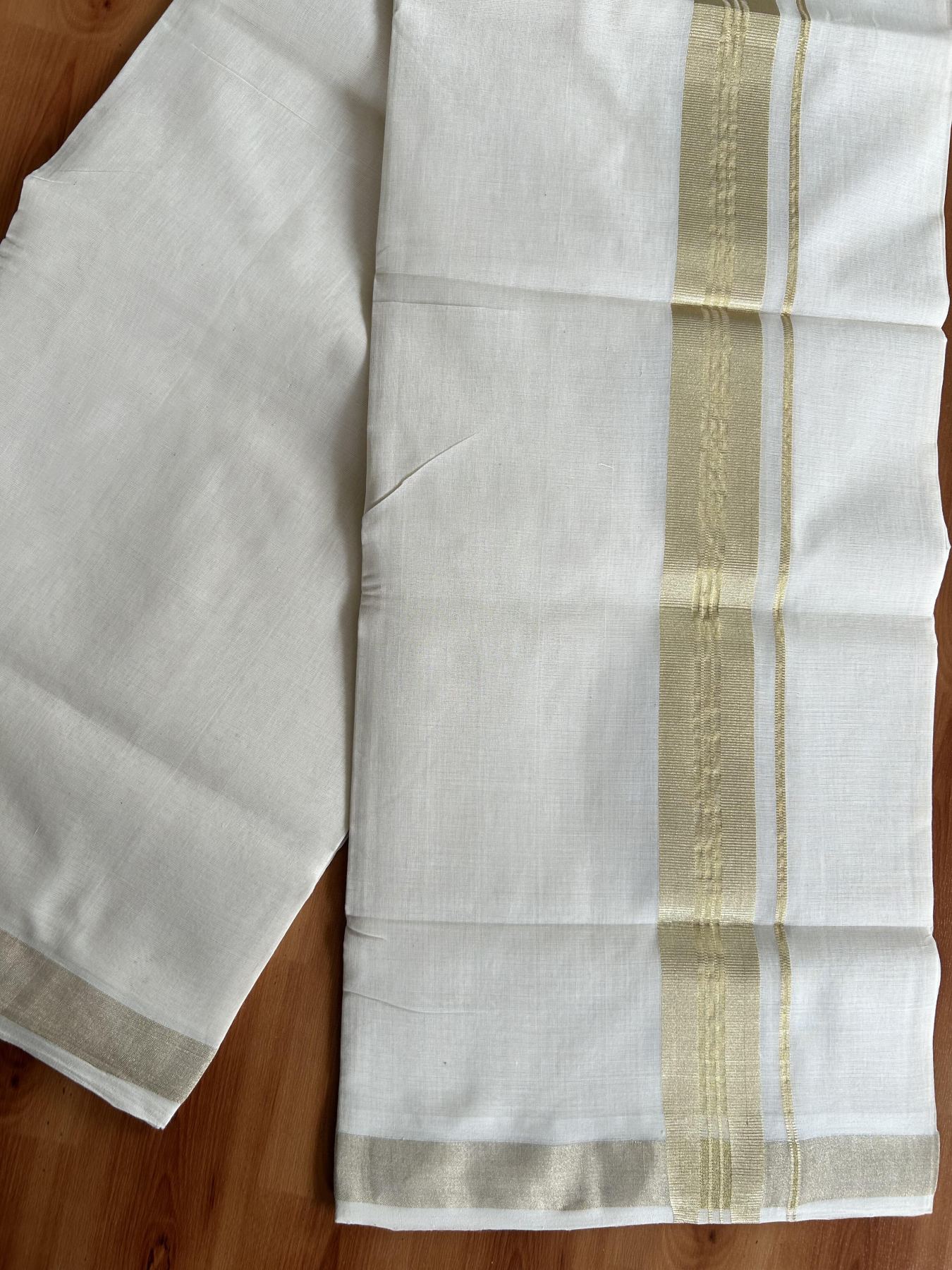 Double Off White (Unbleached) Mundu/Dhoti - 25% Discount!!! KaithariKada Handloom Unakkupaav Kerala Handloom - Pure Cotton 80x90 - 1.5 Inch Light Gold Kasavu Striped kara 4 Mtr (8.5 Muzham) - 4 KK5438 YAR