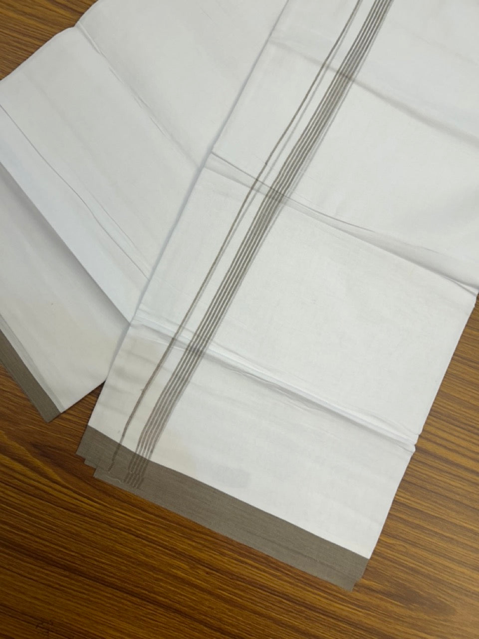 20% Discount ! Kaitharikada Balaramapuram 100% Cotton Pure White Double Mundu/Dothi - 100x80 - 0.5 inch Walnut Brown Striped Kara 3.90 mtr (8 muzham) - 4 KK5291 VAS