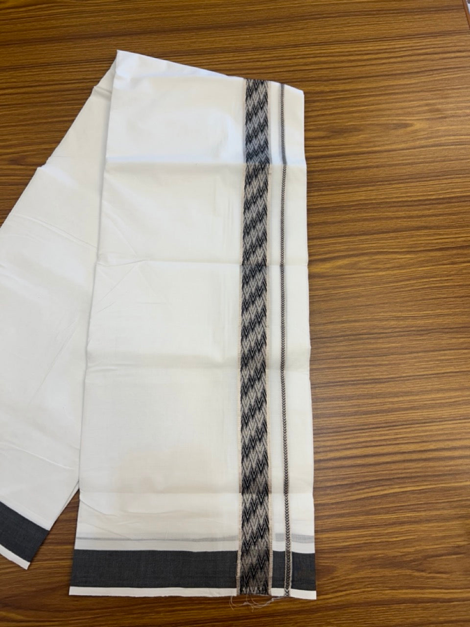 20% Discount! KaithariKada Balaramapuram 100% Cotton Double Pure white Mundu/Dhoti - 100x80 - 1.5 Inch Silver Kasav Black jacquard pattern Kara - 6 KK5291 KAI