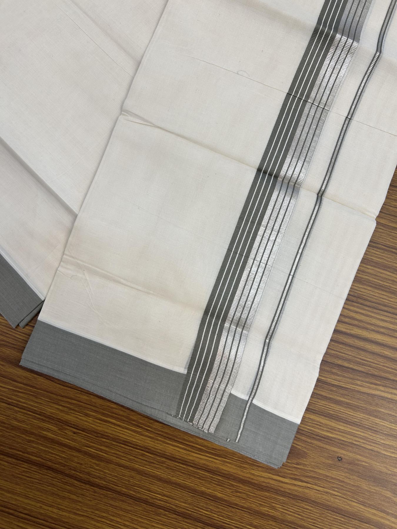 20% Discount! KaithariKada Balaramapuram 100% Cotton Off white Double Mundu/Dhoti - 80s - 1.5 inch Ash Grey & Silver Kasav Striped Kara - 4mtr (8.5muzham) - 11 KK5357 VAS