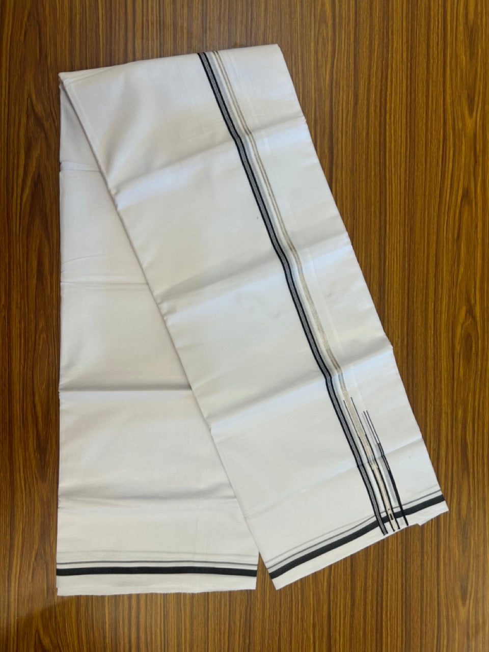 20% Discount ! Kaitharikada Balaramapuram 100% Cotton Pure White Double Mundu/Dothi - 100x80 - 0.25 inch Puliyilakkara Silver Kasav & Black One Side Double Chutty Kara 3.90 mtr (8 muzham) - 9 KK5291 VAS