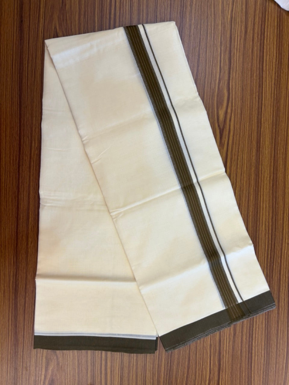 Kannur Yellow Dhoti - 31% Discount! KaithariKada Balaramapuram Double Mundu/Dhoti - 80x60 - 50% Cotton & 50% Polyester - Kannur Yellow colour Body Brown striped Kara - 4 mtr - 7 KK5276 VAS