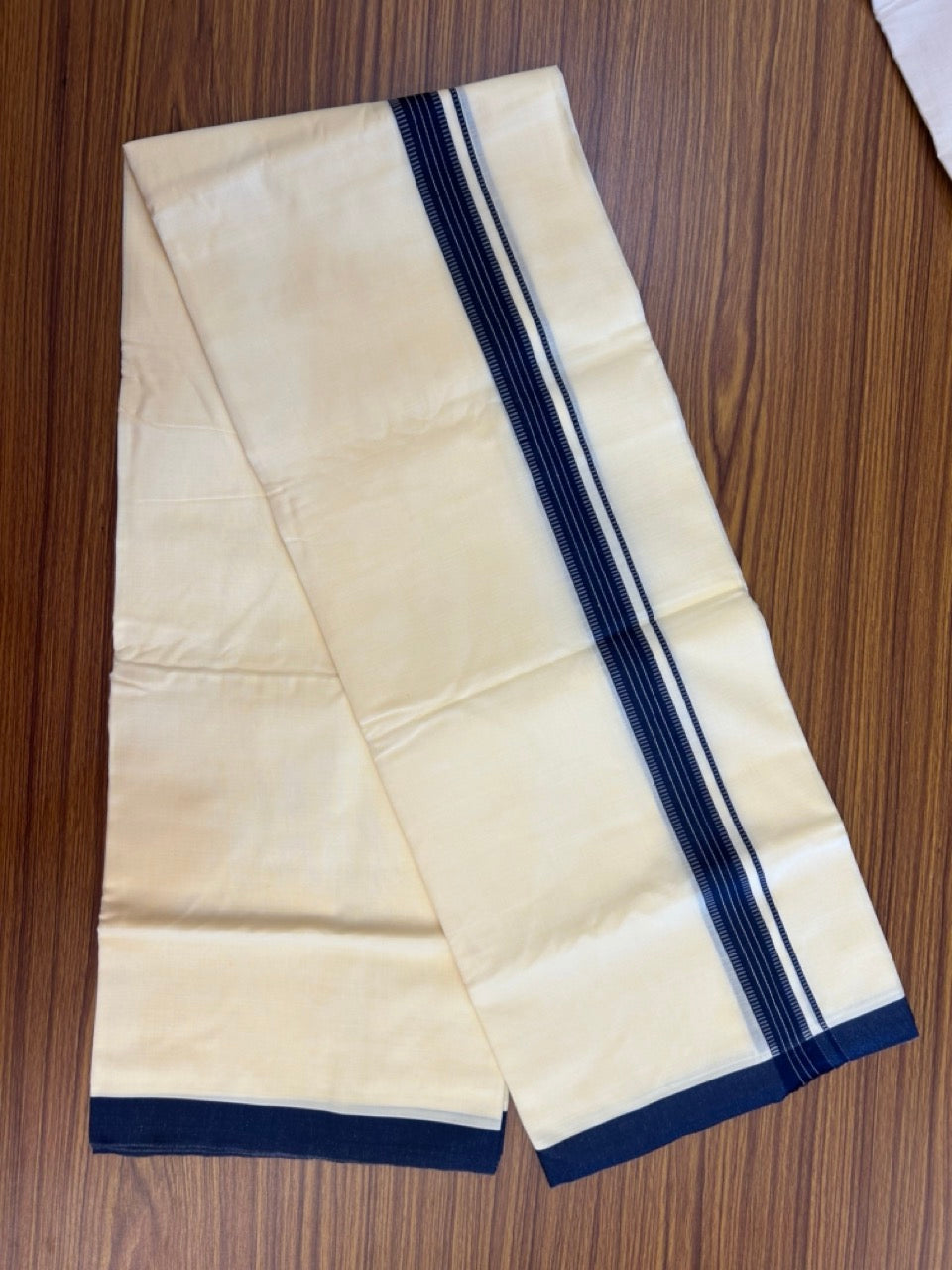 Kannur Yellow Dhoti - 31% Discount! KaithariKada Balaramapuram Double Mundu/Dhoti - 80x60 - 50% Cotton & 50% Polyester - Kannur Yellow colour Body Navy Blue pattern Kara - 4 mtr - 11 KK5276 VAS