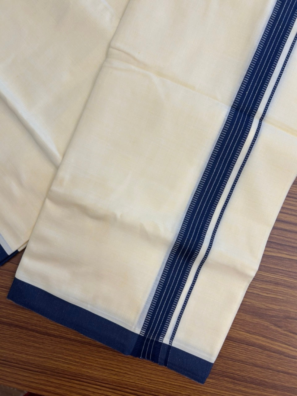 Kannur Yellow Dhoti - 31% Discount! KaithariKada Balaramapuram Double Mundu/Dhoti - 80x60 - 50% Cotton & 50% Polyester - Kannur Yellow colour Body Navy Blue pattern Kara - 4 mtr - 11 KK5276 VAS
