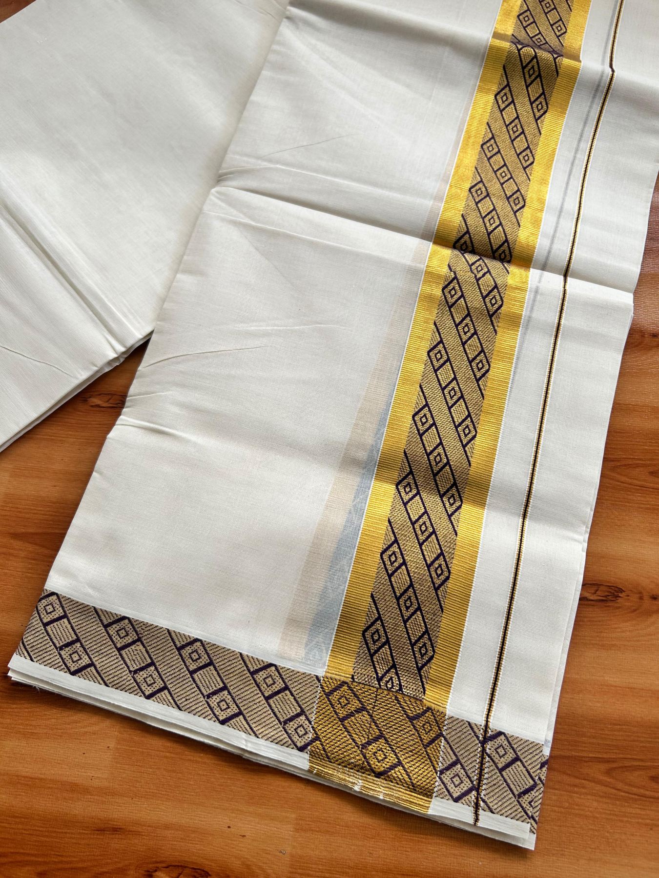 Off White (Unbleached) Double Mundu/Dhoti - 20% Discount ! KaithariKada Pure Cotton - 100x80 - 2 inch Gold Kasav & Wine Purple Jacquard Design kara 4 mtr (8.5 Muzham) - 5 KK5483 PMC
