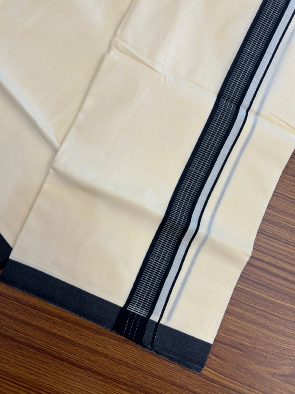 Kannur Yellow Dhoti - 31% Discount! KaithariKada Balaramapuram Double Mundu/Dhoti - 80x60 - 50% Cotton & 50% Polyester - Kannur Yellow colour Body Black pattern Kara - 4 mtr - 9 KK5276 VAS