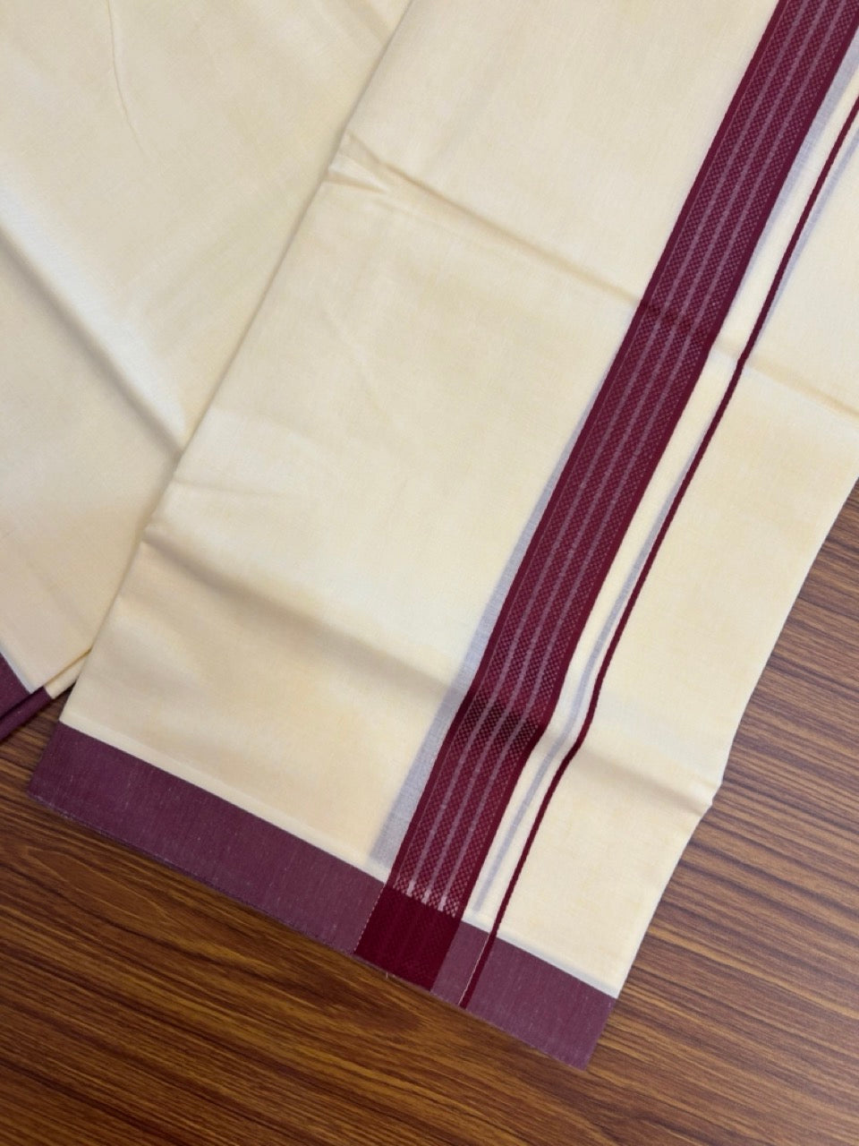 Kannur Yellow Dhoti - 31% Discount! KaithariKada Balaramapuram Double Mundu/Dhoti - 80x60 - 50% Cotton & 50% Polyester - Kannur Yellow colour Body Maroon pattern Kara - 4 mtr - 10 KK5276 VAS