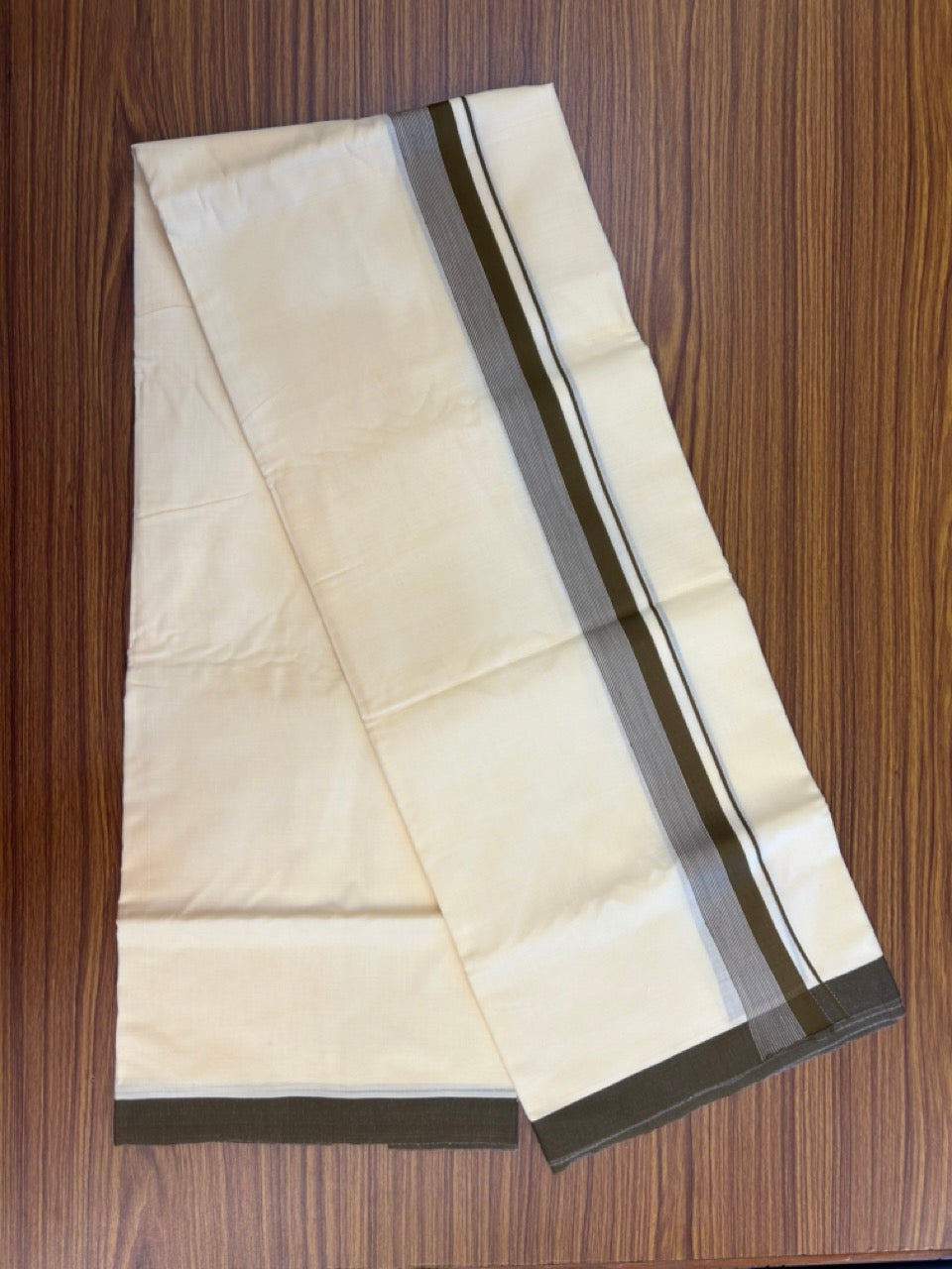 Kannur Yellow Dhoti - 31% Discount! KaithariKada Balaramapuram Double Mundu/Dhoti - 80x60 - 50% Cotton & 50% Polyester - Kannur Yellow colour Body Brown striped Kara - 4 mtr - 8 KK5276 VAS