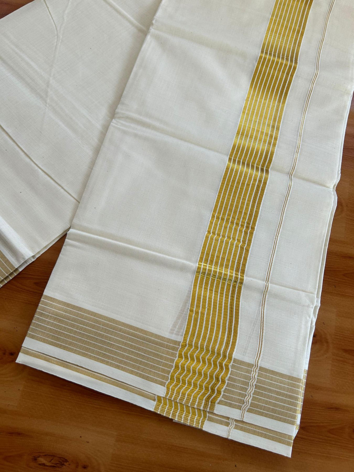 Double Off White (Unbleached) Mundu/Dhoti - 20% Discount! KaithariKada Pulimood Mixed Cotton - 80x72 - 1.75 inch Gold Kasav Striped Kara 4 mtr (8.5 muzham) - 22 KK5552 VIN