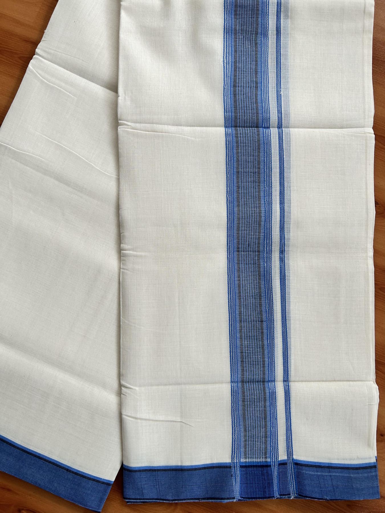Double Off White (Unbleached) Mundu/Dhoti - 25% Discount! KaithariKada Handloom Unakkupaav Kerala Handloom - Pure Cotton - 80x90 - 1.5 Inch Silver Kasav & Blue & Black Striped Kara 4 Mtr (8.5 Muzham) - 18 KK5438 YAR