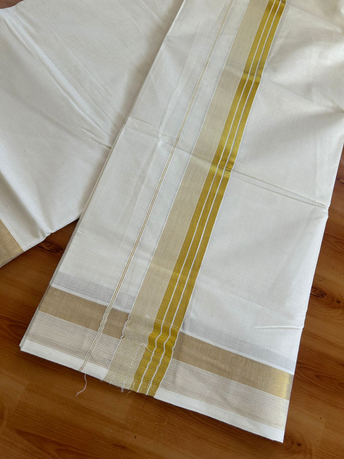 Double Off White (Unbleached) Mundu/Dhoti - 20% Discount! KaithariKada Pulimood Mixed Cotton - 80x72 - 1.75 inch Gold Kasav Striped Kara 4 mtr (8.5 muzham) - 25 KK5552 VIN